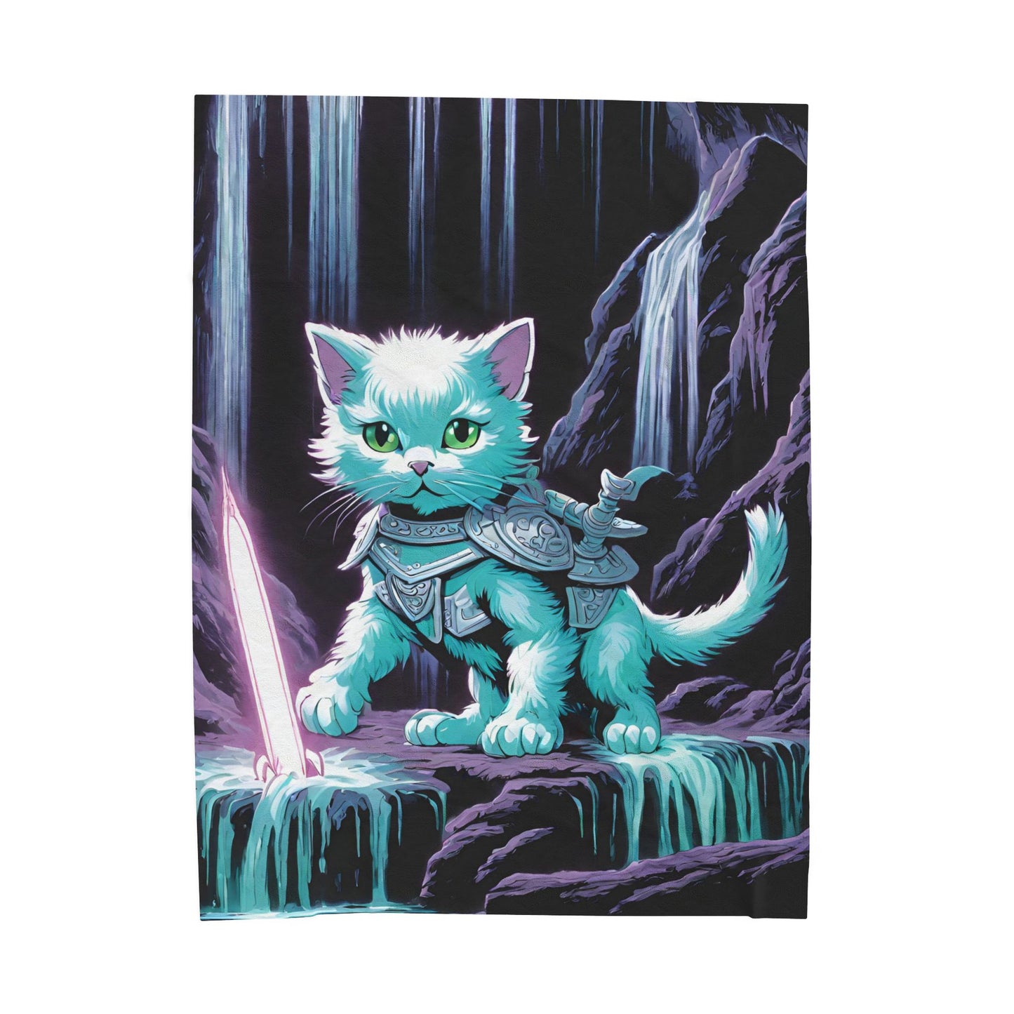 Warrior Cat Blanket, Waterfall Cat Plush Throw Blanket, Neon Sword Seeker, Armored Kitty Bed Cover, Glowing Cave Bedroom Twin Cover