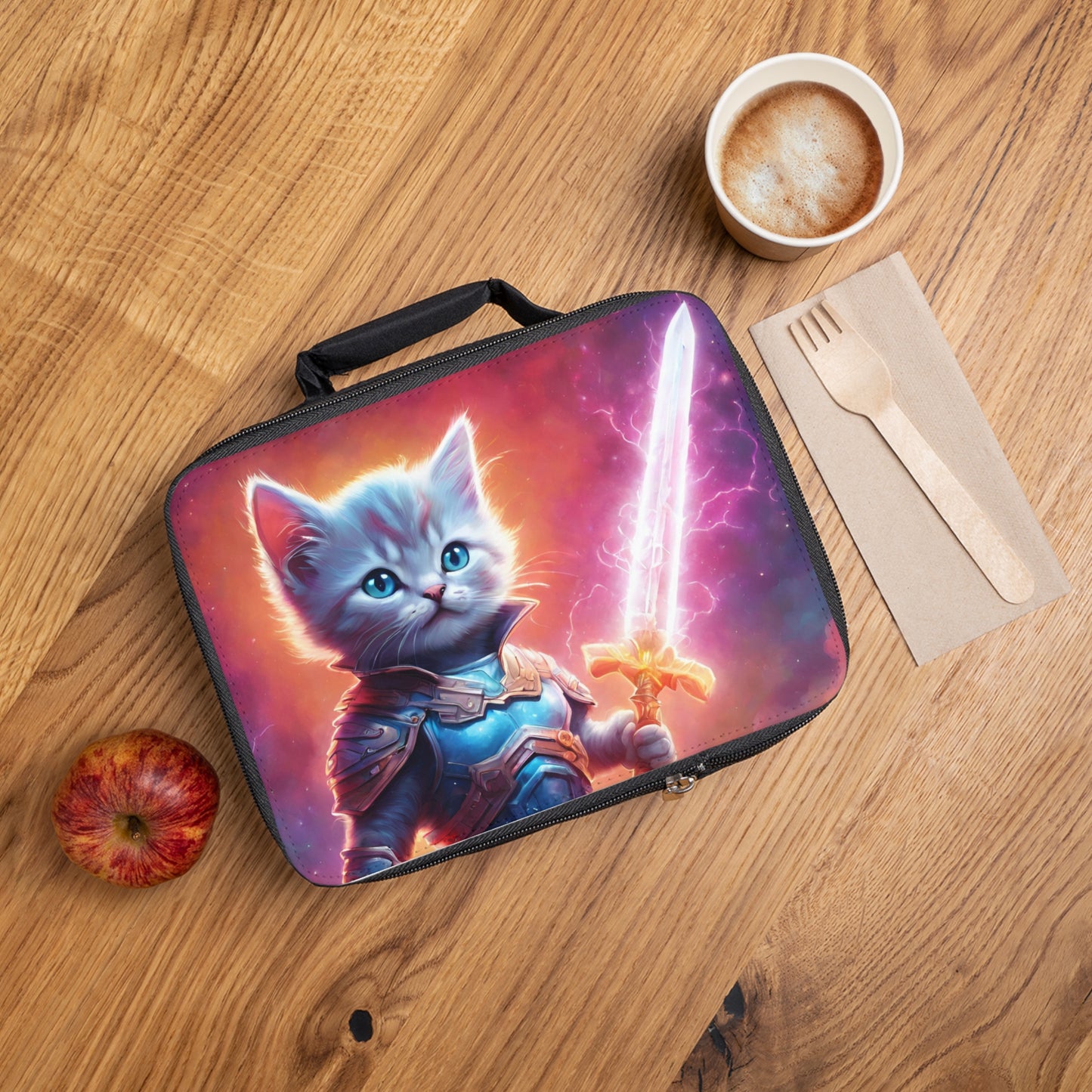 Lightning Sword Fur Warrior Cat Lunch Bag Box, Boys and Girls Colorful Sky Feline School Tote, Armored Cosmic Furry Kitten Insulated Bag
