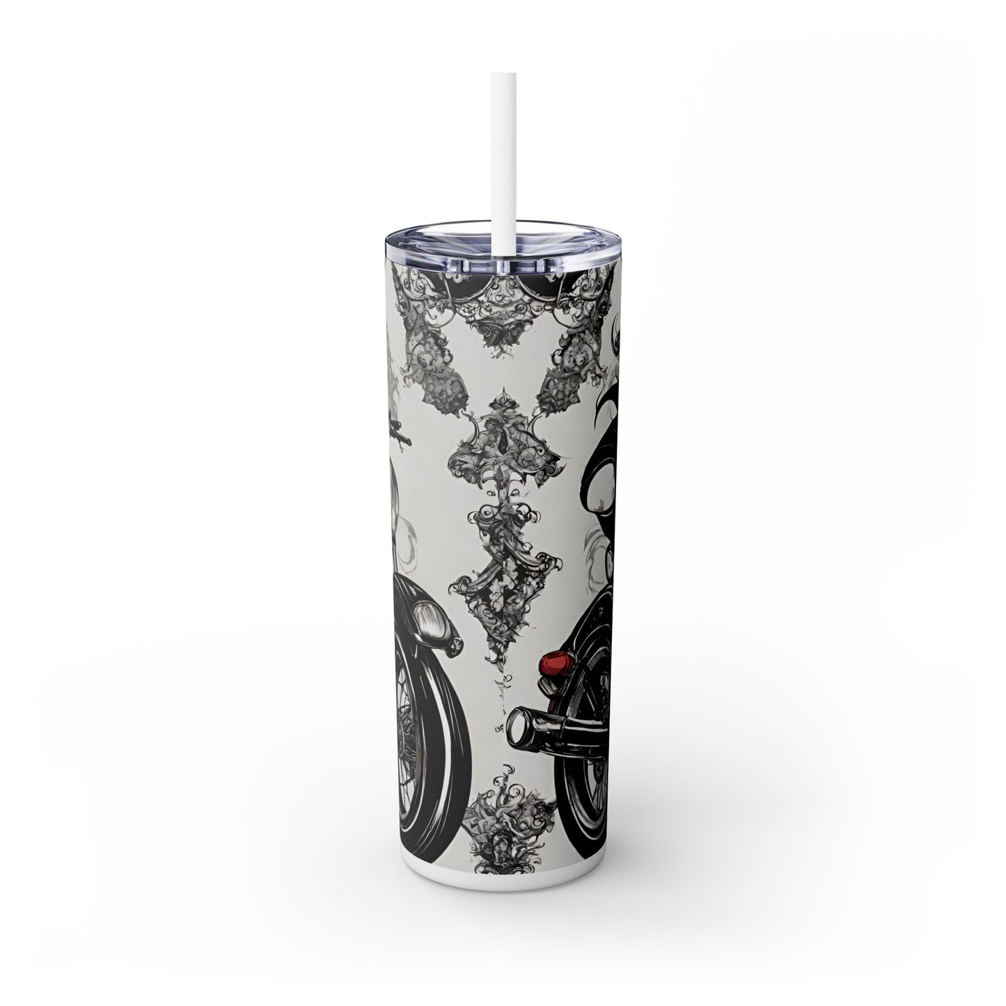 Gothic Beauty Biker Skinny Tumbler, Biker Babe Motorcycle Traveler, Leather Clad Hot or Cold Drinking Cup, Exercise Workout Beverage Holder