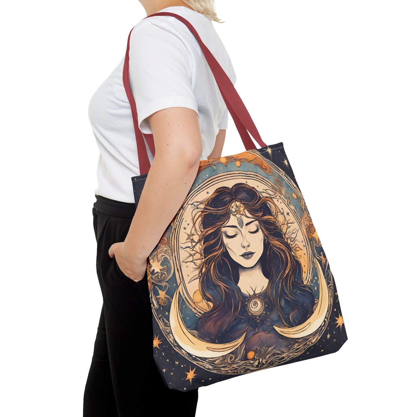 Sun & Moon Goddess Tote | Lunar Stars and Space Astronomy Grocery Bag | Wiccan Dreams Office Laptop Book Carrier | Solar System Travel Gift