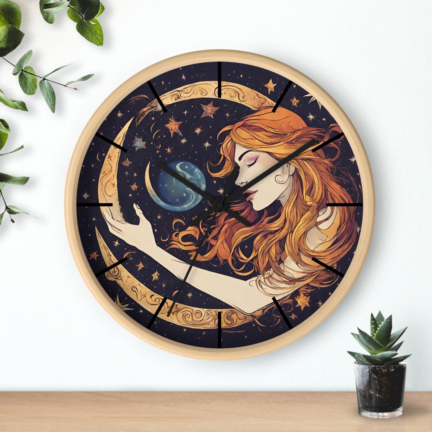 Moon Shaping Goddess Wall Art Clock | Lunar Stars & Space Astronomy Wall Hanging | Woman Morphing Home Office Solar System Wall Decor Gift
