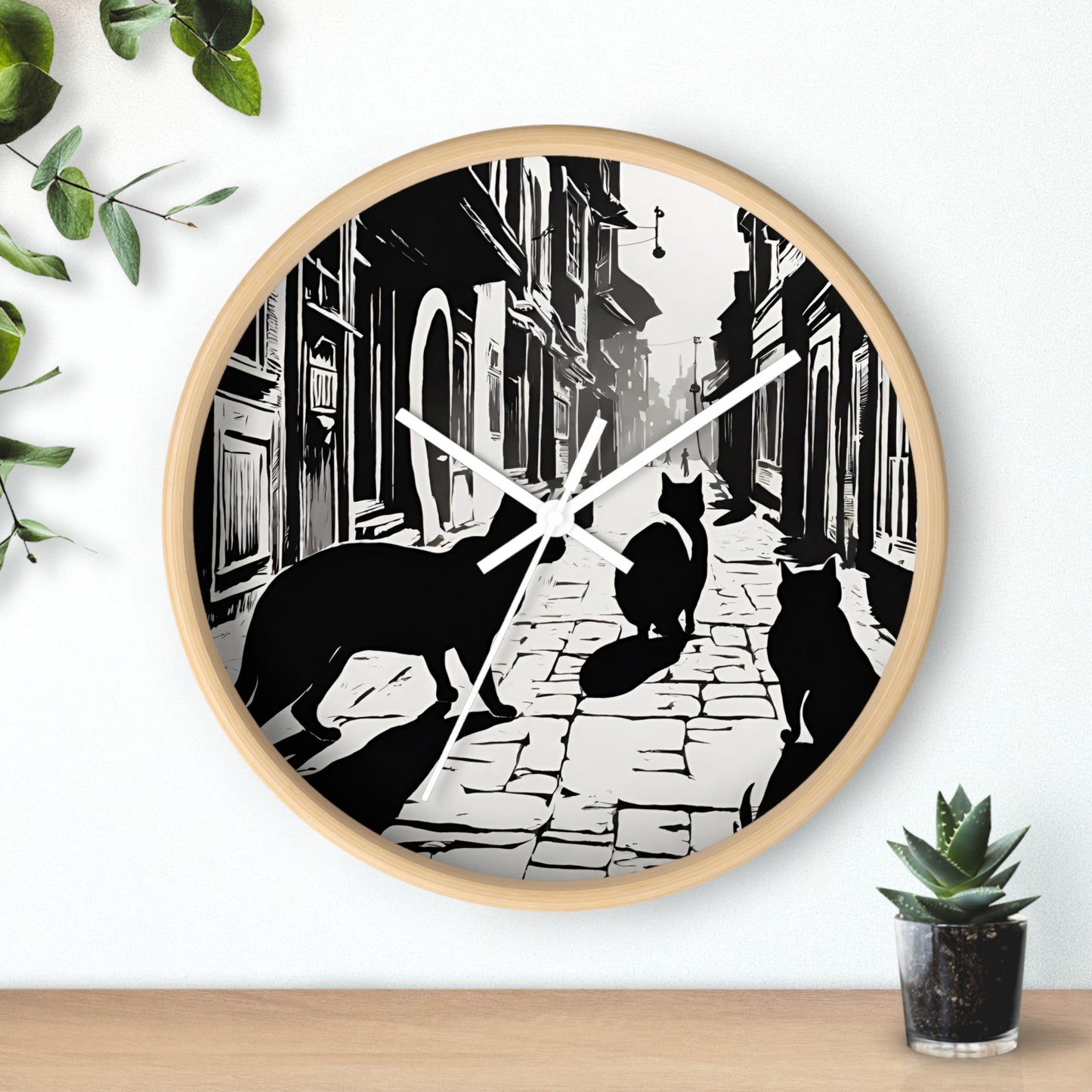 Cat Wall Art Clock | Shadow Feline Figures Town Wall Hanging | Home Office Cat Lovers Gift