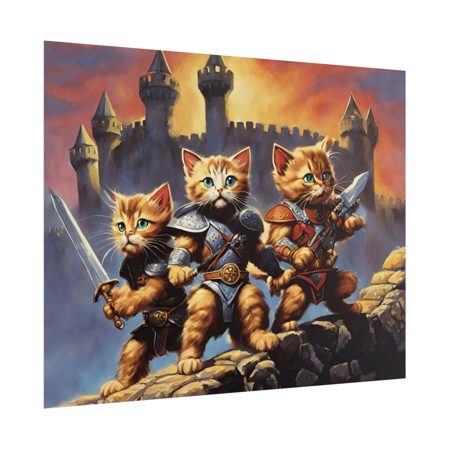 Cat Battler Warrior Poster, Office Bedroom Man Cave Portrait, Sword Wielding Cat Universe, Kitten Fighters Fantasy Wall Hanging