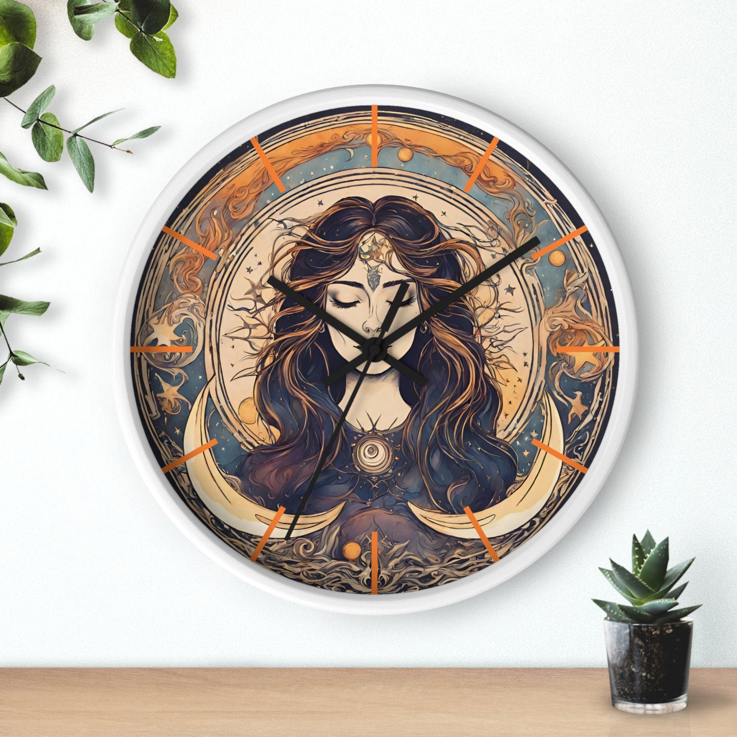 Sun & Moon Goddess Wall Art Clock | Lunar Stars and Space Astronomy Wall Hanging | Keeper of Time Home Office Solar System Wall Decor Gift