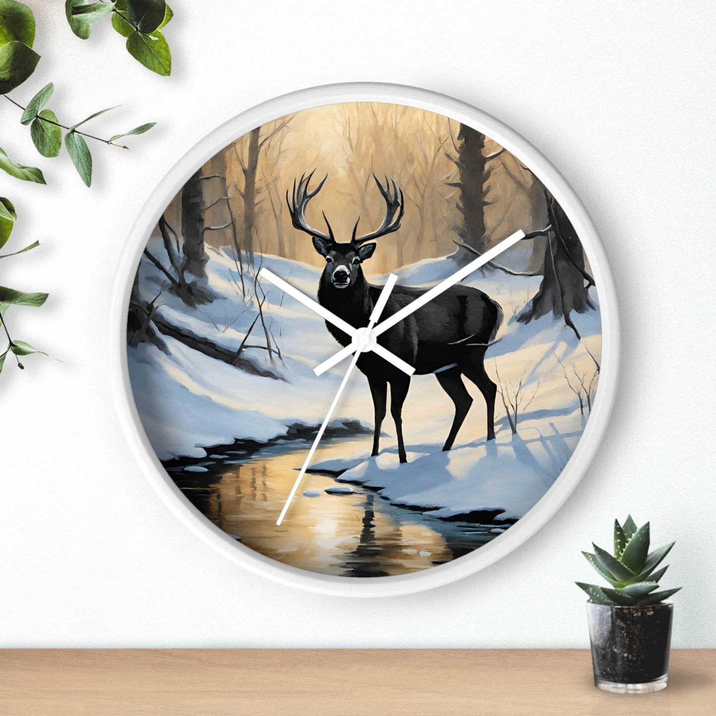Big Buck Deer Wall Art Clock | Winter Nature Scene Snowy Creek Wall Hanging | Home Office Deer Hunter Lovers Gift