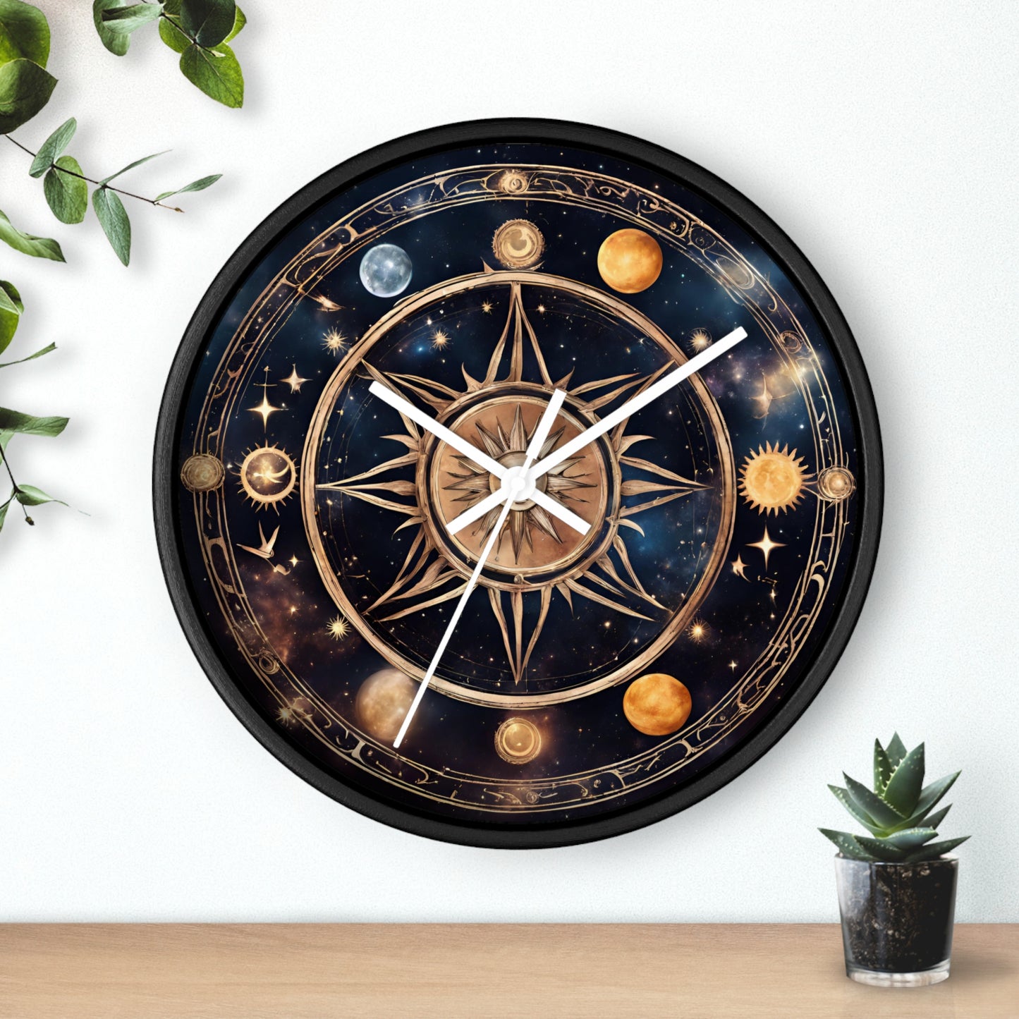 Moon Phases Solstice Star Wall Art Clock | Lunar Cycle Galaxy Astronomy Wall Hanging | Mystical Night Solar System Office Wall Decor Gift