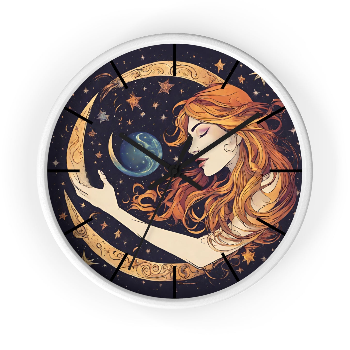 Moon Shaping Goddess Wall Art Clock | Lunar Stars & Space Astronomy Wall Hanging | Woman Morphing Home Office Solar System Wall Decor Gift