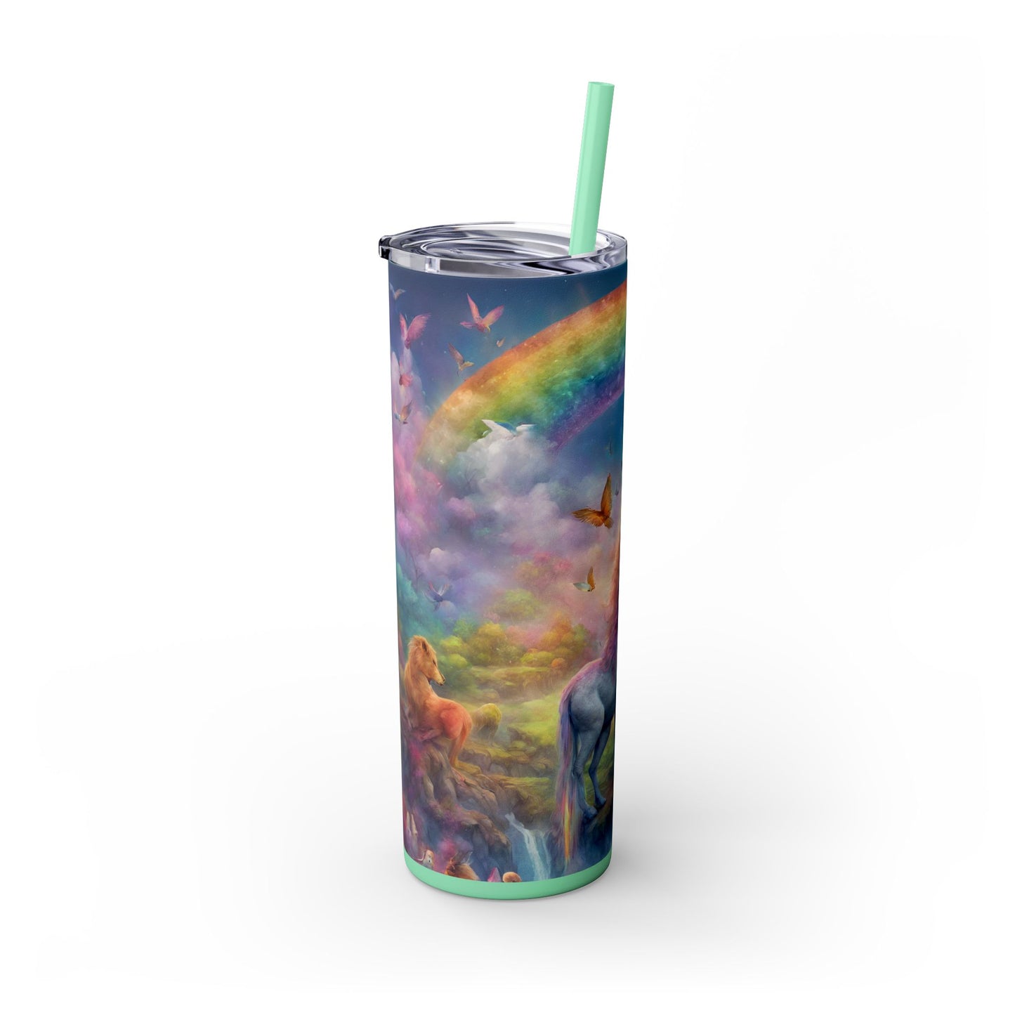 Girls Rainbow Unicorn Tumbler, Skinny Drinking Hot Cold Traveler, Mystical Fantasy Liquid Cup