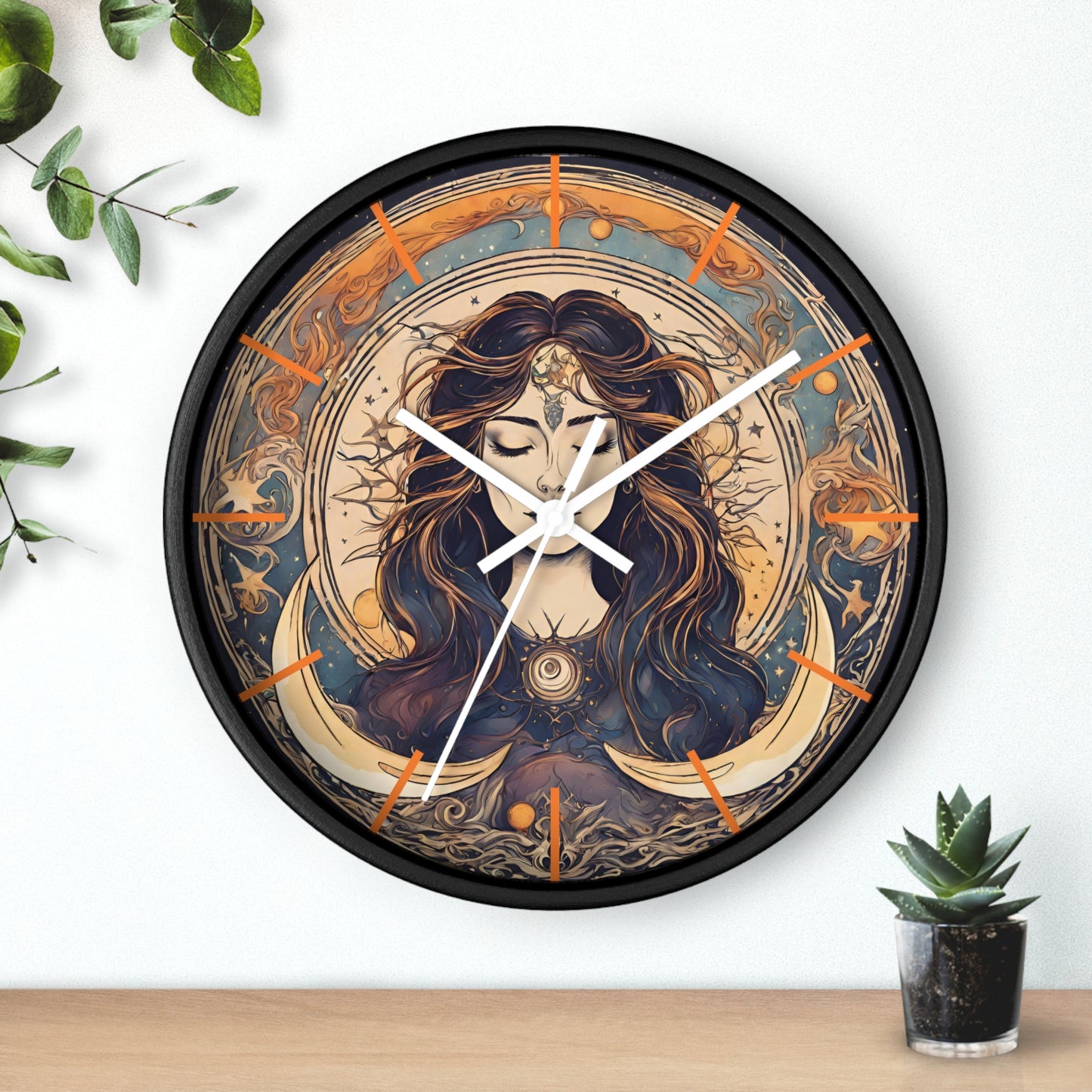 Sun & Moon Goddess Wall Art Clock | Lunar Stars and Space Astronomy Wall Hanging | Keeper of Time Home Office Solar System Wall Decor Gift