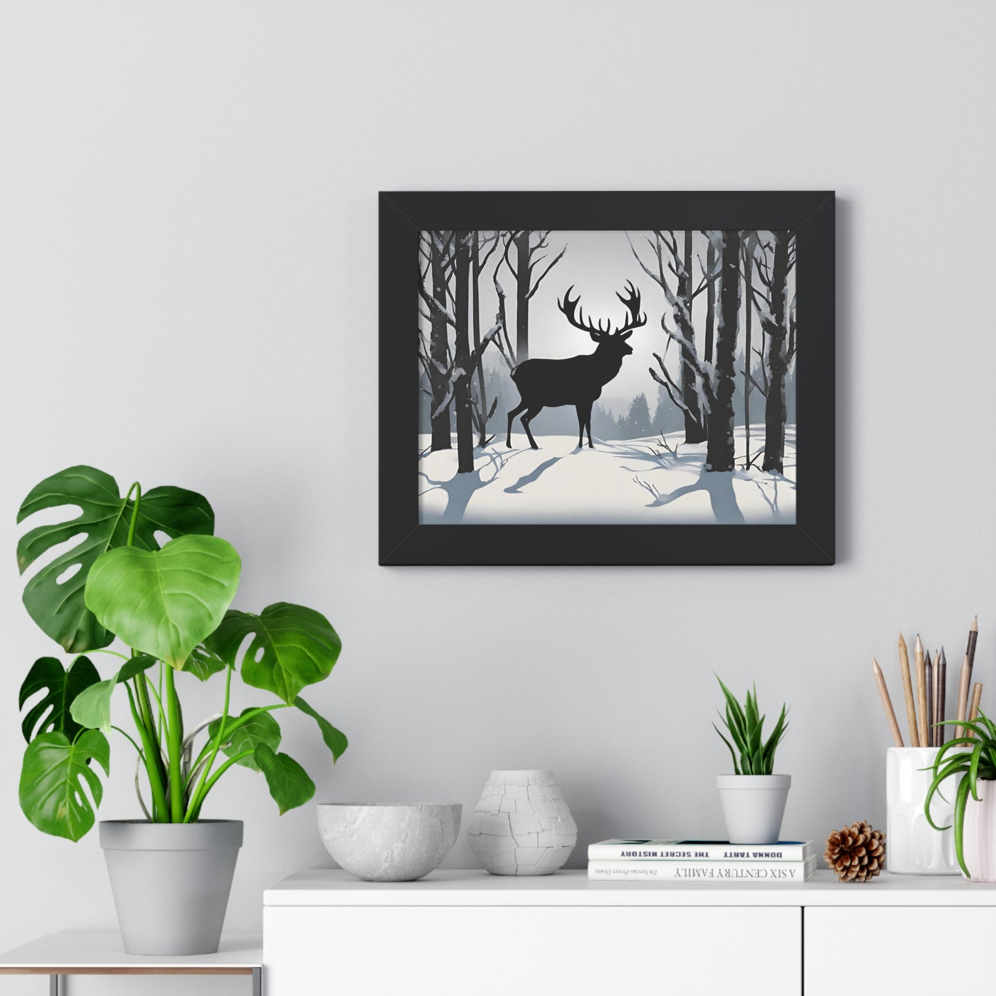 Animal Wall Art, Deer Hunter Picture, Big Buck Print, Hunting Cabin, Shadow Wall Hanging, Winter Snow Image, Living Room Poster, Framed Art
