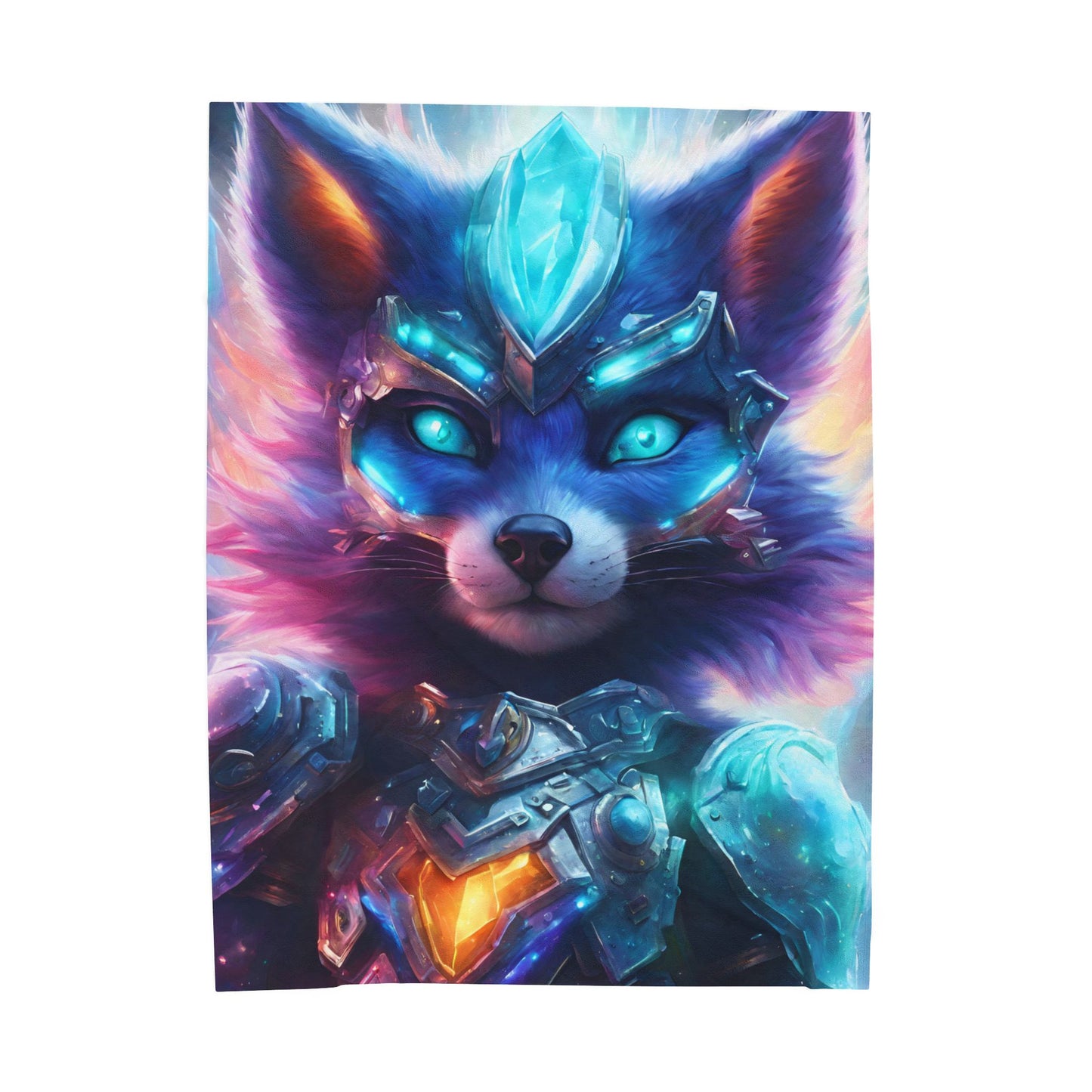 Warrior Fox Blanket, Cybernetic Armored Plush Throw Blanket, Neon Violet Crystal Guardian, Kids Adults Bed Couch Throw Cover