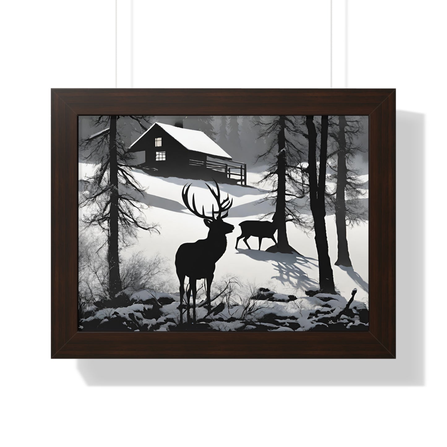 Animal Wall Art, Deer Hunter Picture, Buck Print, Hunting Cabin, Shadow Wall Hanging, Winter Snow Image, Living Room Poster, Framed Art