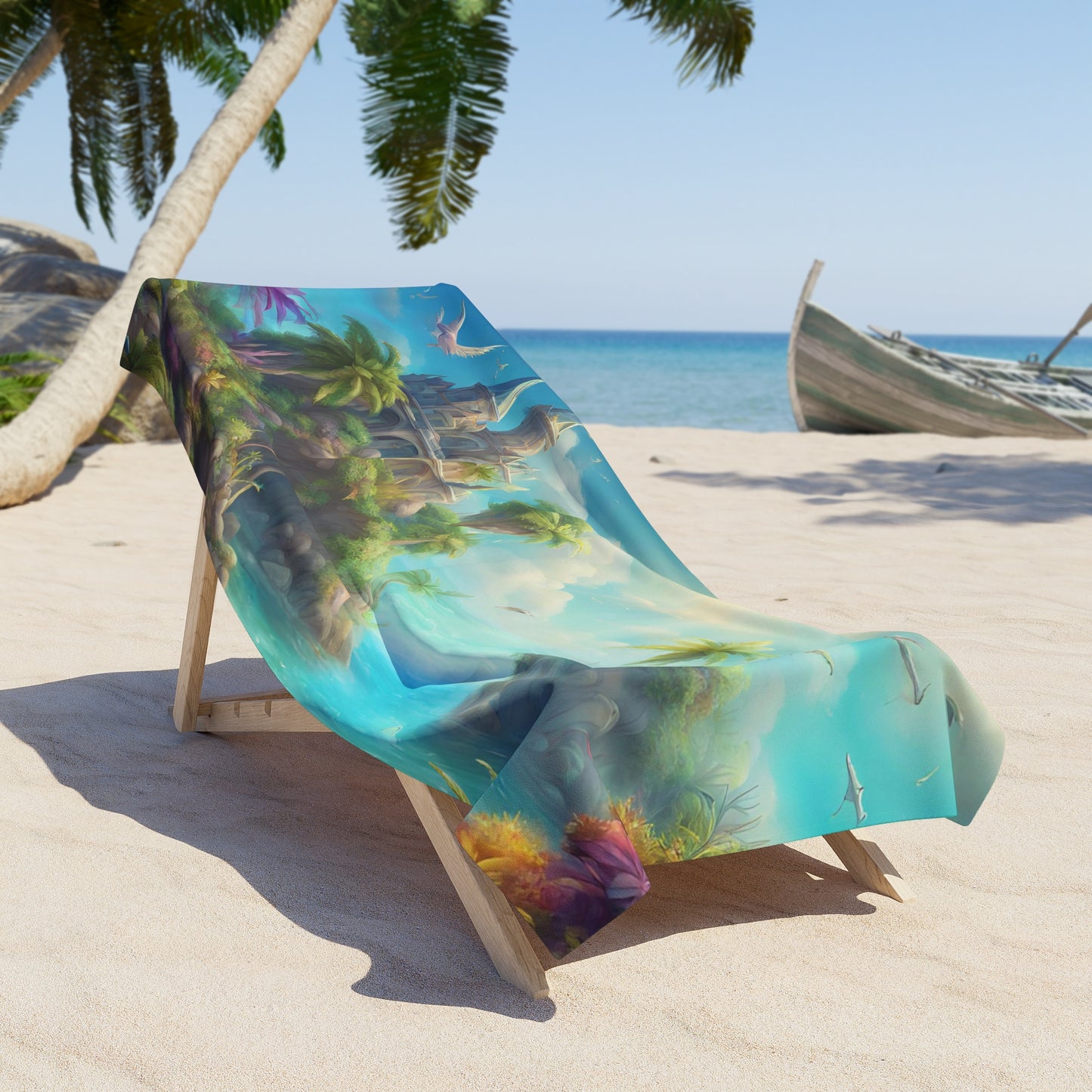 Majestic Fantasy Hidden Island Castle Beach Towel | Sunny Ocean Getaway Swimming Pool Blanket | Poolside Sand & Water Deck Tanning Sunbather