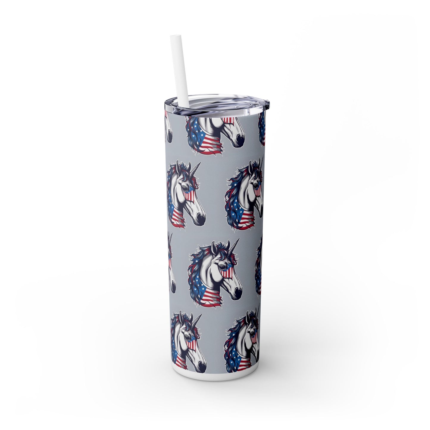 Patriotic American Unicorn Skinny Tumbler | United States Freedom Loving Horse Insulated Cup | US Flag Veteran Gift Patriot Drink Traveler