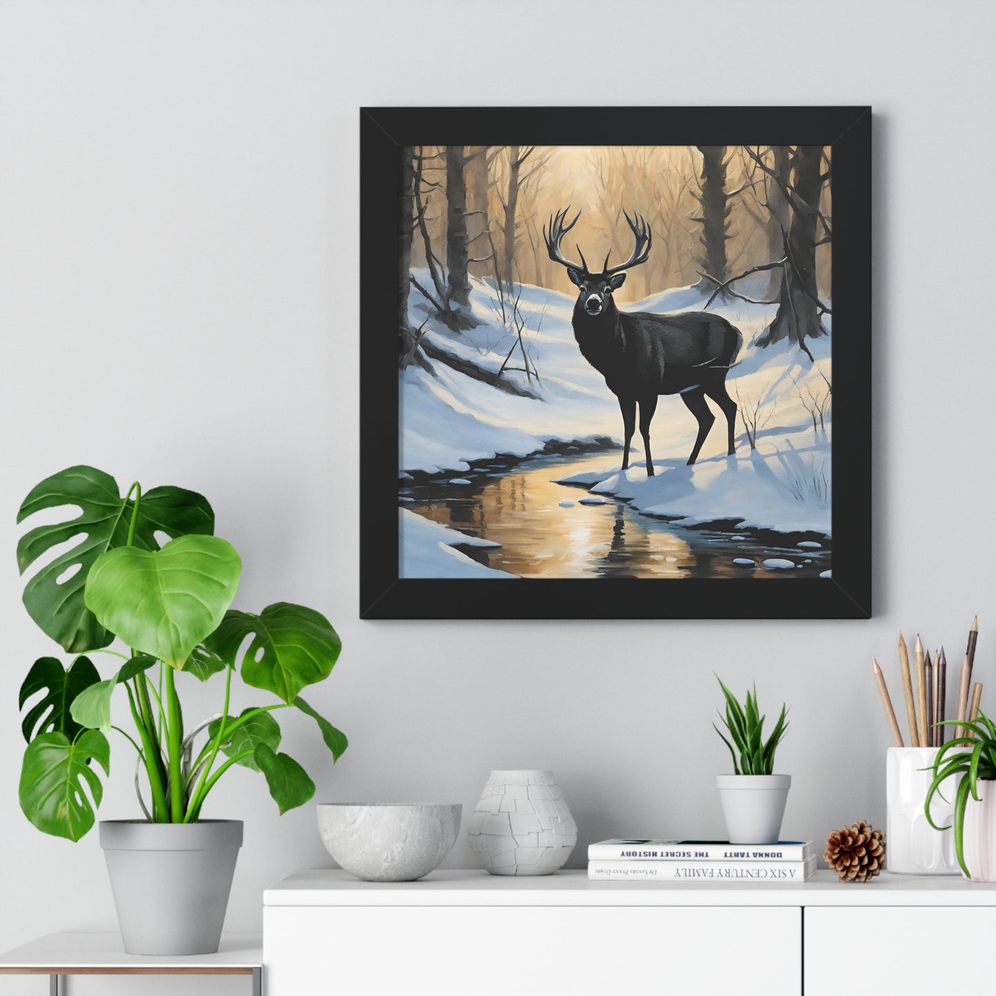 Animal Wall Art, Deer Hunter Picture, Big Buck Print, Woods, Creek, Shadow Wall Hanging, Sunset Snow Image, Living Room Poster, Framed Art