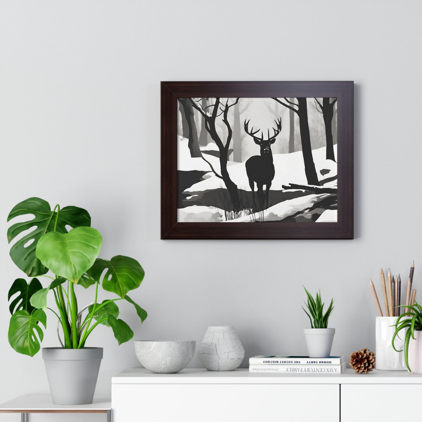 Animal Wall Art, Deer Hunter Picture, Big Buck Print, Hunting, Snowy, Creek, Shadow Wall Hanging, Winter Snow Image, Living Room Poster