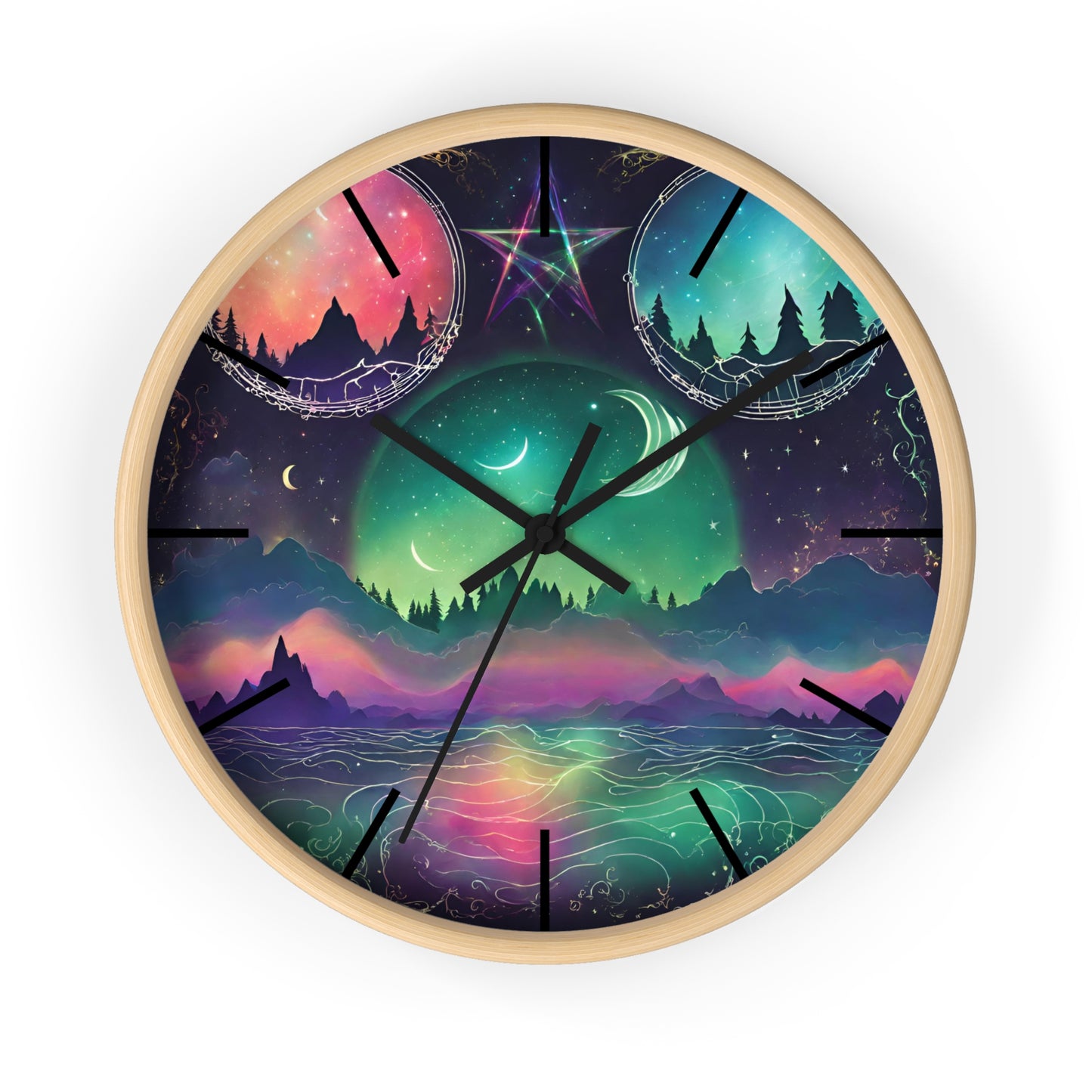Moonlight Mountains Wall Clock | Aurora Borealis Astronomy Star Moons Constellations Office Decor Gift, Solar System Home Hanging Unique Art