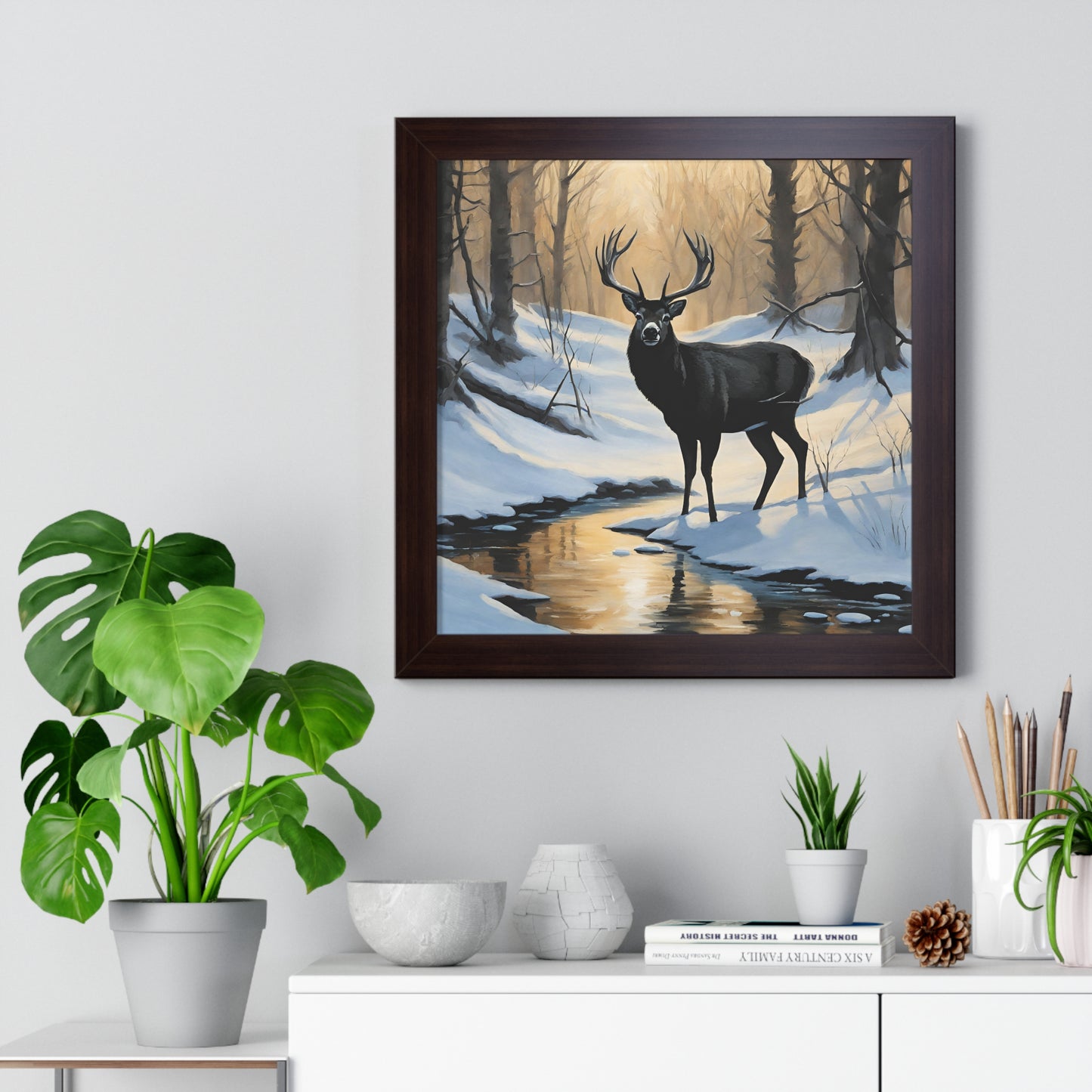 Animal Wall Art, Deer Hunter Picture, Big Buck Print, Woods, Creek, Shadow Wall Hanging, Sunset Snow Image, Living Room Poster, Framed Art