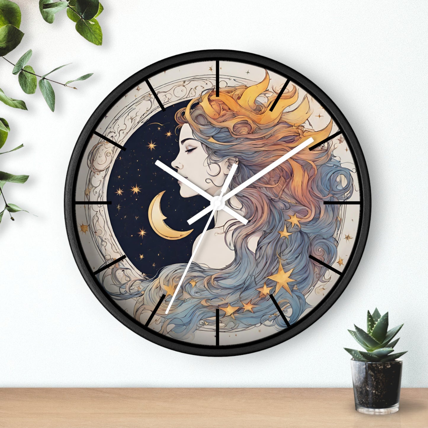 Moon Goddess Lined Wall Art Clock | Lunar Stars & Space Astronomy Wall Hanging | Woman of Time Home Office Solar System Wall Decor Gift