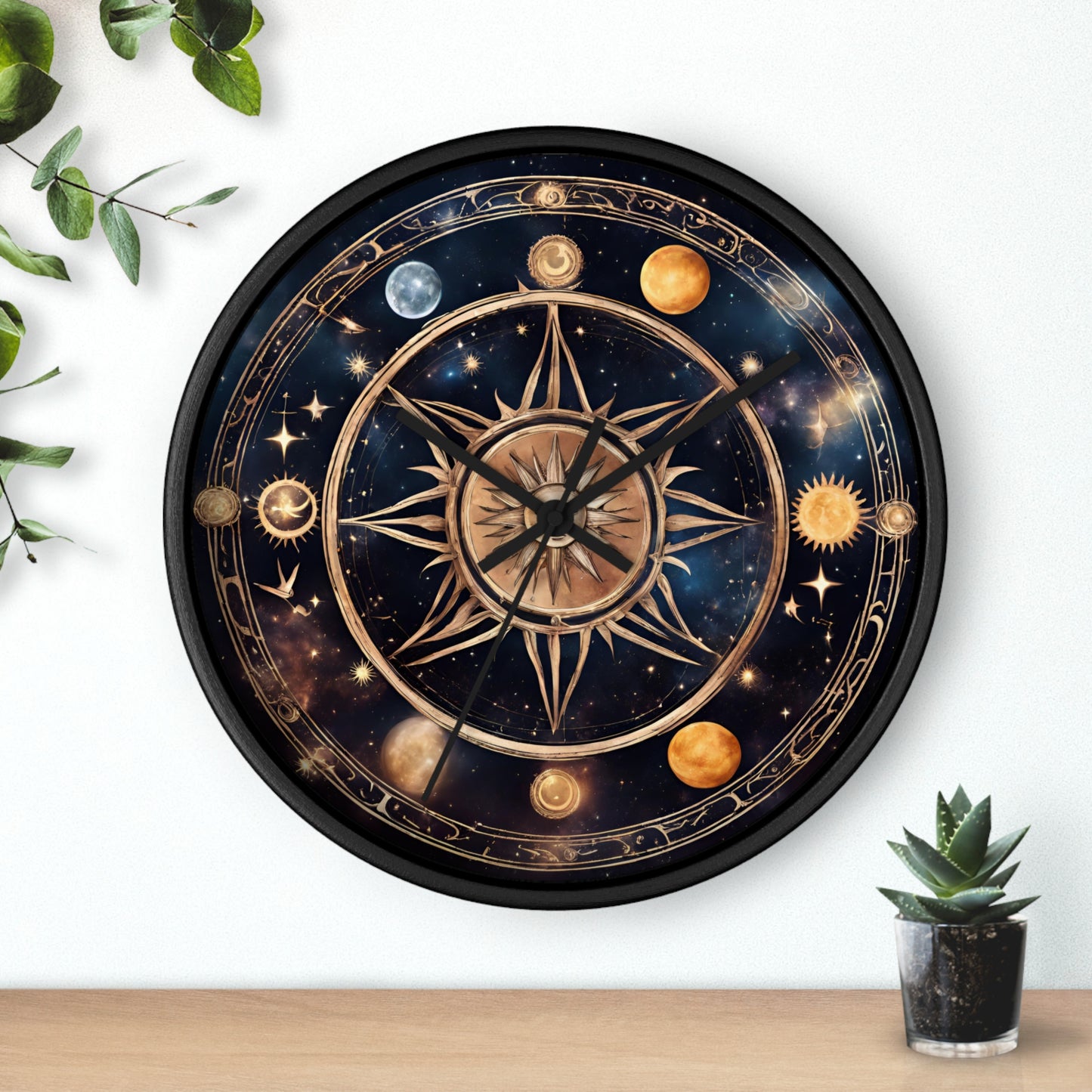 Moon Phases Solstice Star Wall Art Clock | Lunar Cycle Galaxy Astronomy Wall Hanging | Mystical Night Solar System Office Wall Decor Gift
