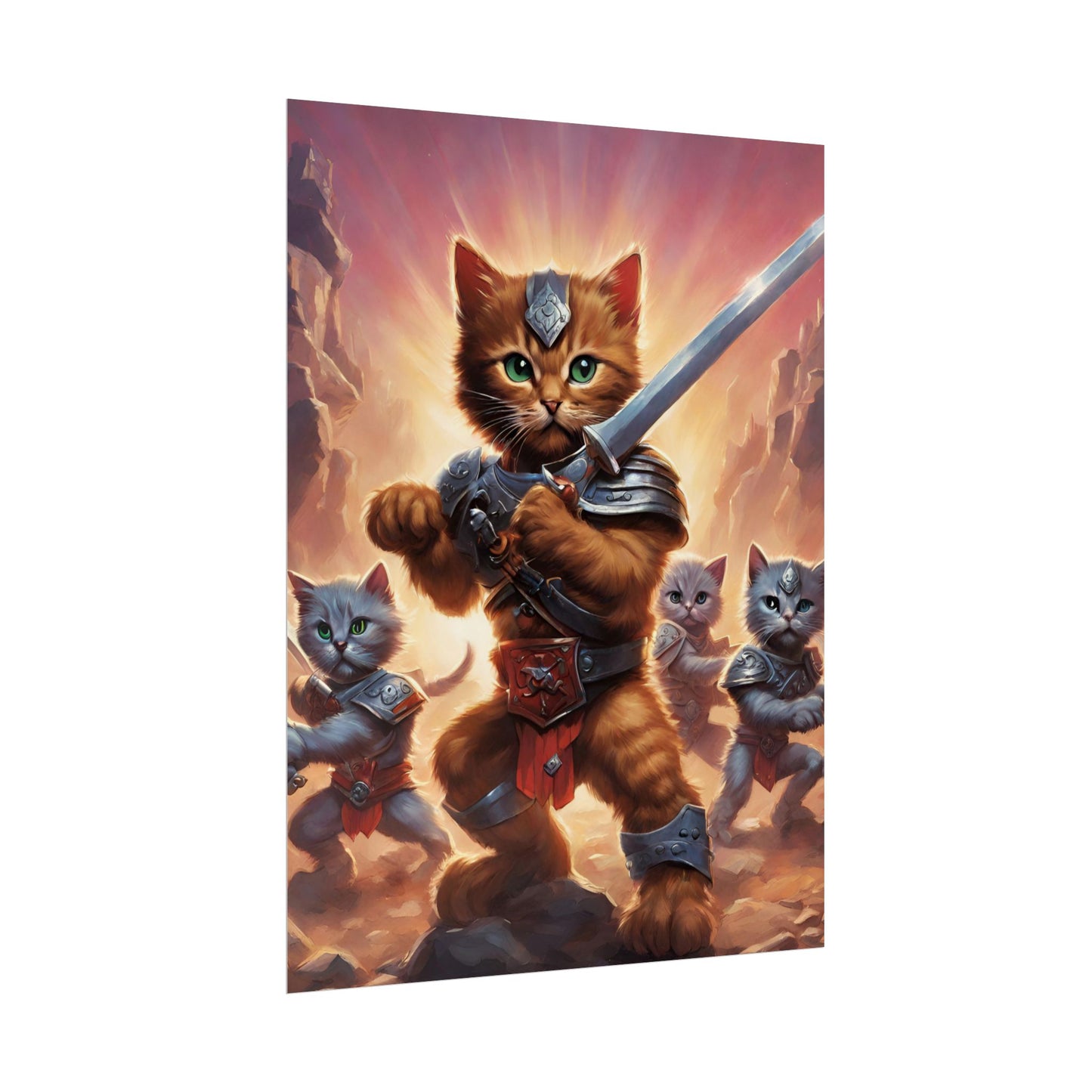 Cat Battler Warrior Poster, Office Child Bedroom Man Cave Portrait, Sword Wielding Cat Universe, Kitten Fighters Fantasy Wall Hanging