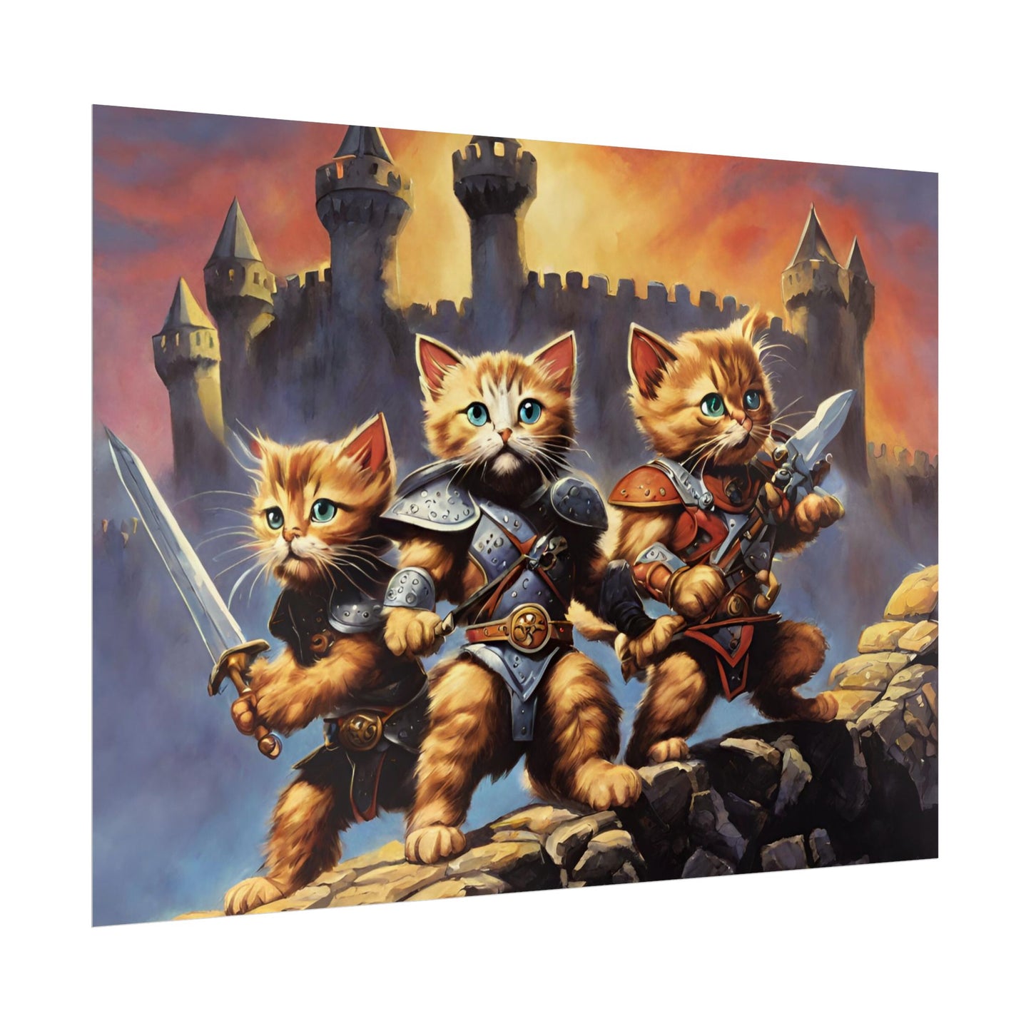 Cat Battler Warrior Poster, Office Bedroom Man Cave Portrait, Sword Wielding Cat Universe, Kitten Fighters Fantasy Wall Hanging