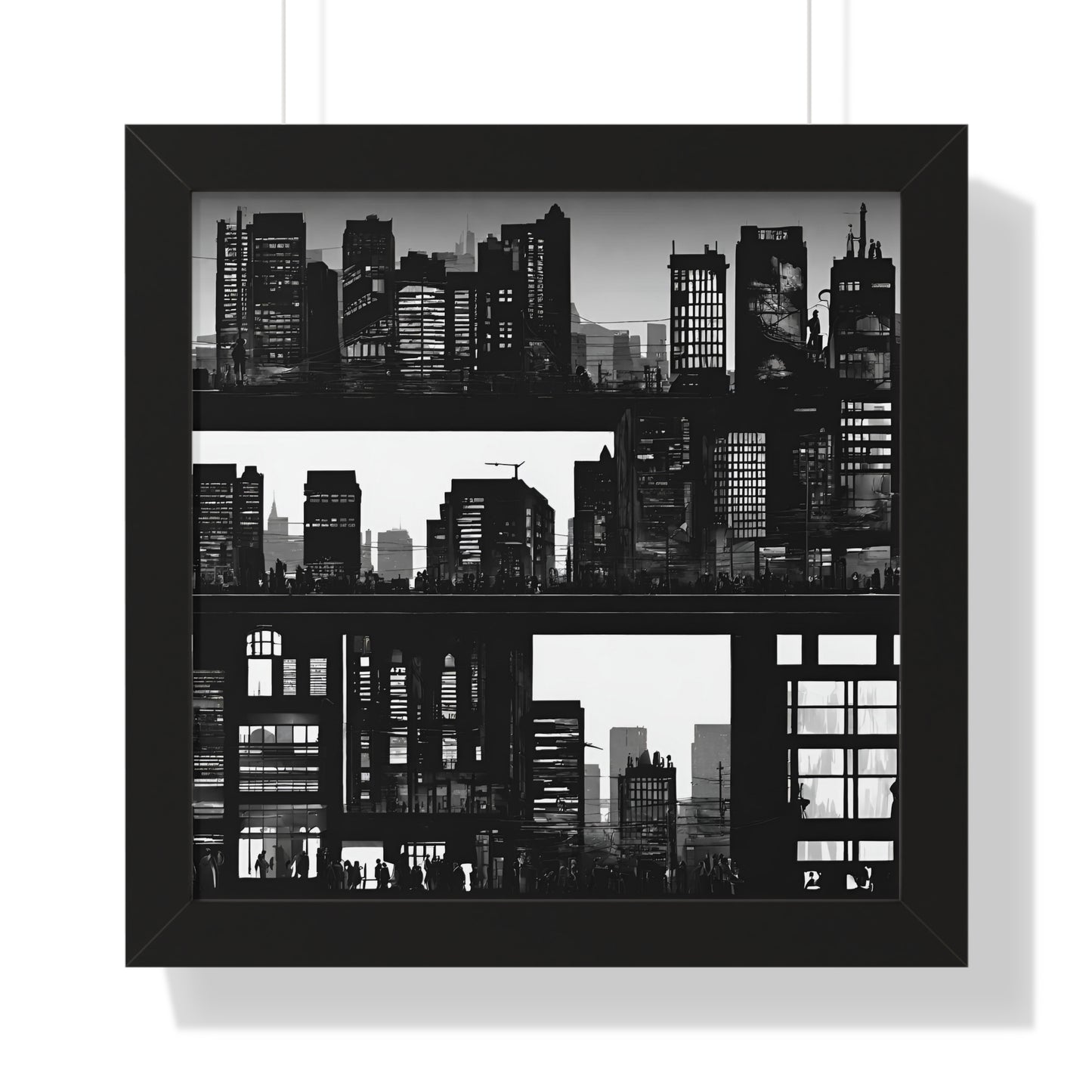 Wall Decor | City Street Panels Framed Poster | Skyline Buildings and Street Levels | Bedroom, Work or Home Office Wall Art Picture