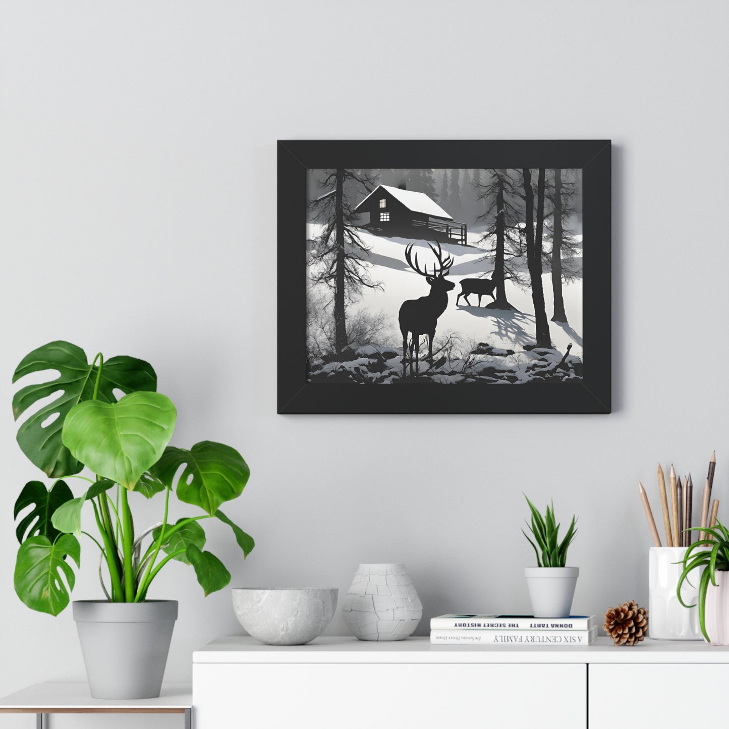 Animal Wall Art, Deer Hunter Picture, Buck Print, Hunting Cabin, Shadow Wall Hanging, Winter Snow Image, Living Room Poster, Framed Art