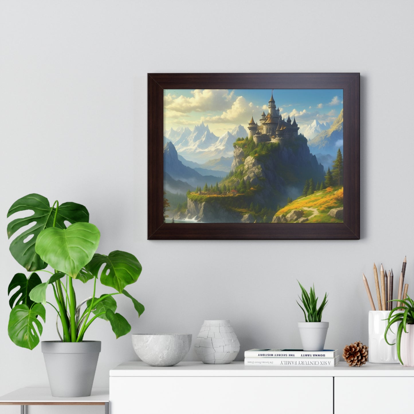 Video Game Fantasy Castle, RPG Valley Framed Poster, Mountain Nature Scene Picture, Open World Style Wall Hanging, Gamer Office Scenery