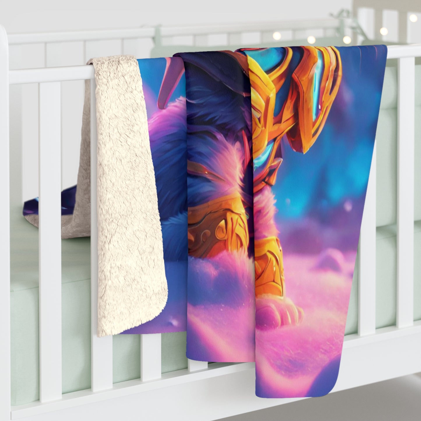 Warrior Cat Blanket, Glowing Kitten Plush Sherpa Blanket, Neon Sword Fleece, Armored Kitty Bed Cover, Winter Fantasy Couch Cover