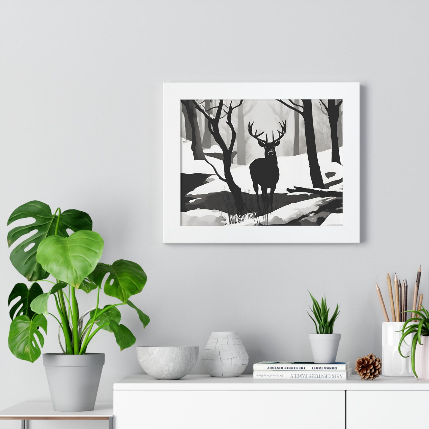Animal Wall Art, Deer Hunter Picture, Big Buck Print, Hunting, Snowy, Creek, Shadow Wall Hanging, Winter Snow Image, Living Room Poster