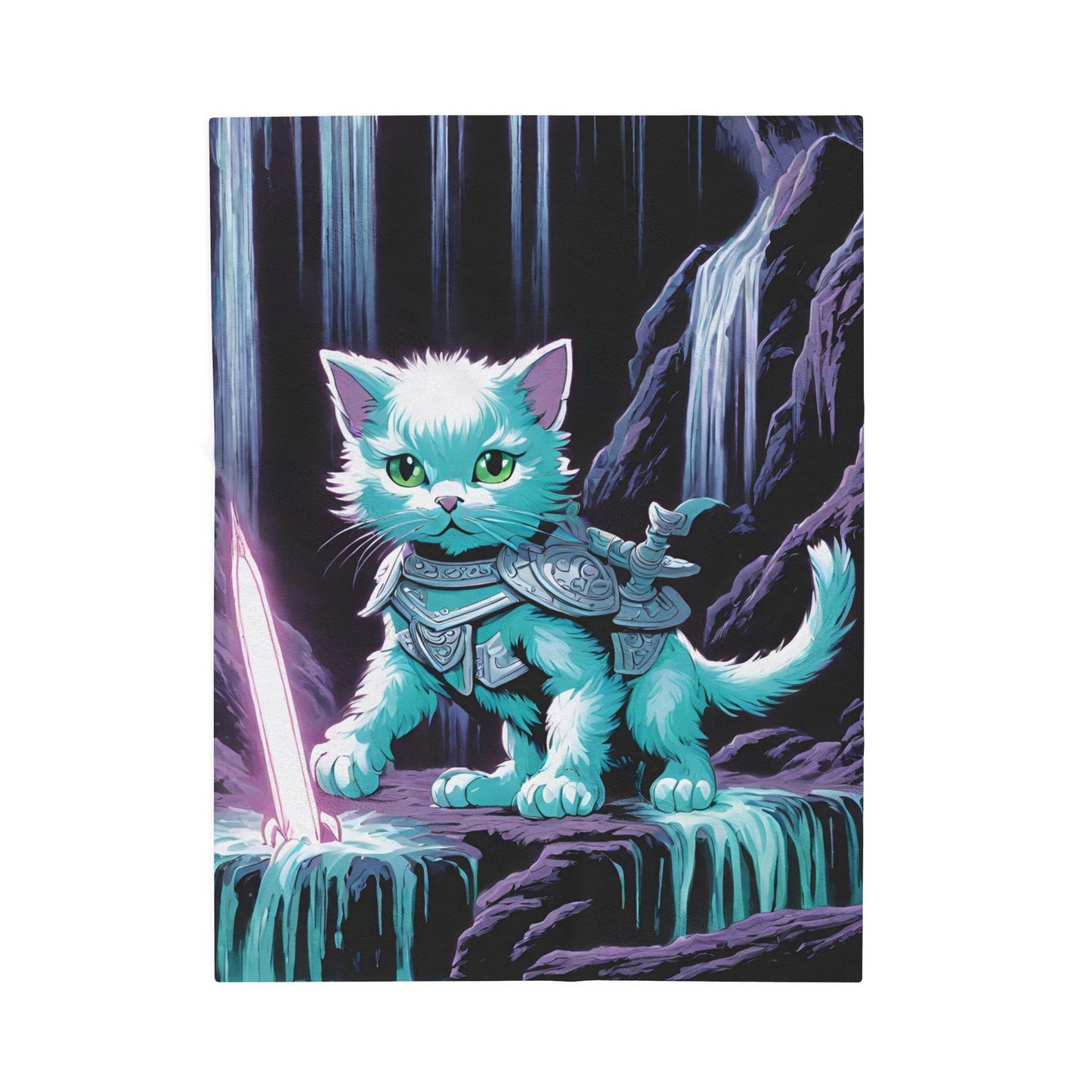 Warrior Cat Blanket, Waterfall Cat Plush Throw Blanket, Neon Sword Seeker, Armored Kitty Bed Cover, Glowing Cave Bedroom Twin Cover