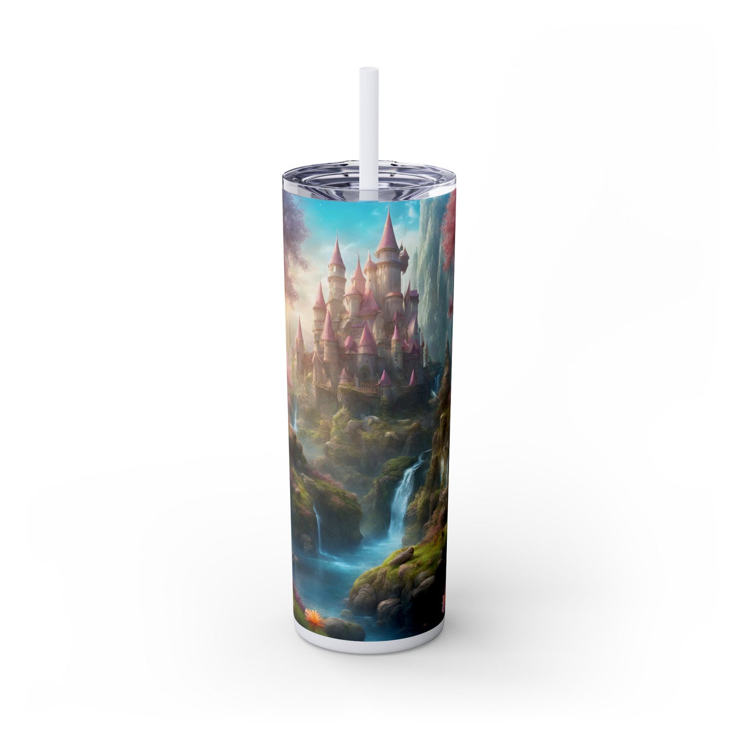 Majestic Dream Fantasy Drinking Tumbler, Flower Blossom Butterflies Castle Cup, Womens Gift Hot Cold Traveler, Exercise Workout Companion