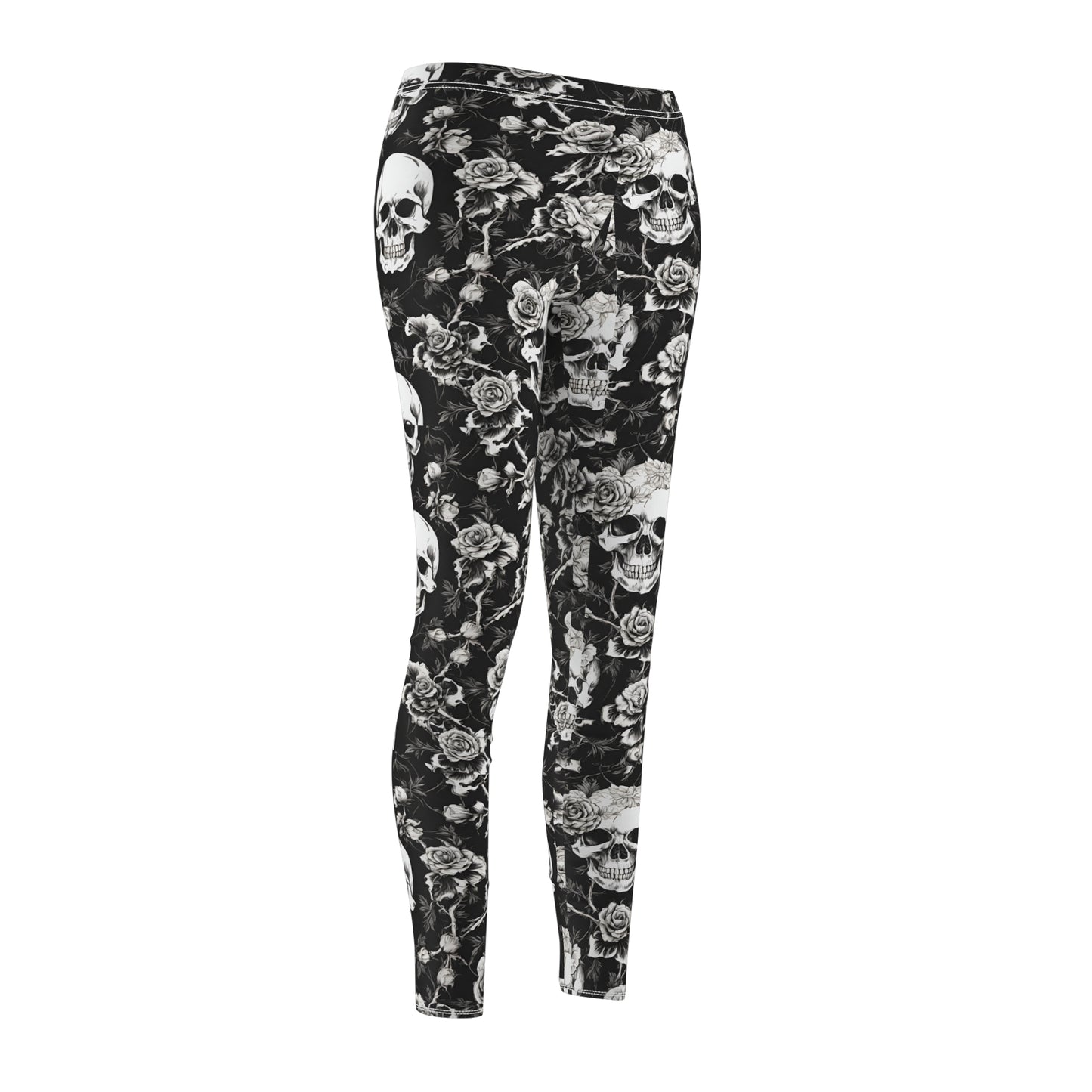 Women's Goth Skull and Roses Casual Leggings, Flowers and Bones Pattern Elastic Bottoms, Tight Macabre Bone Skeleton Pants
