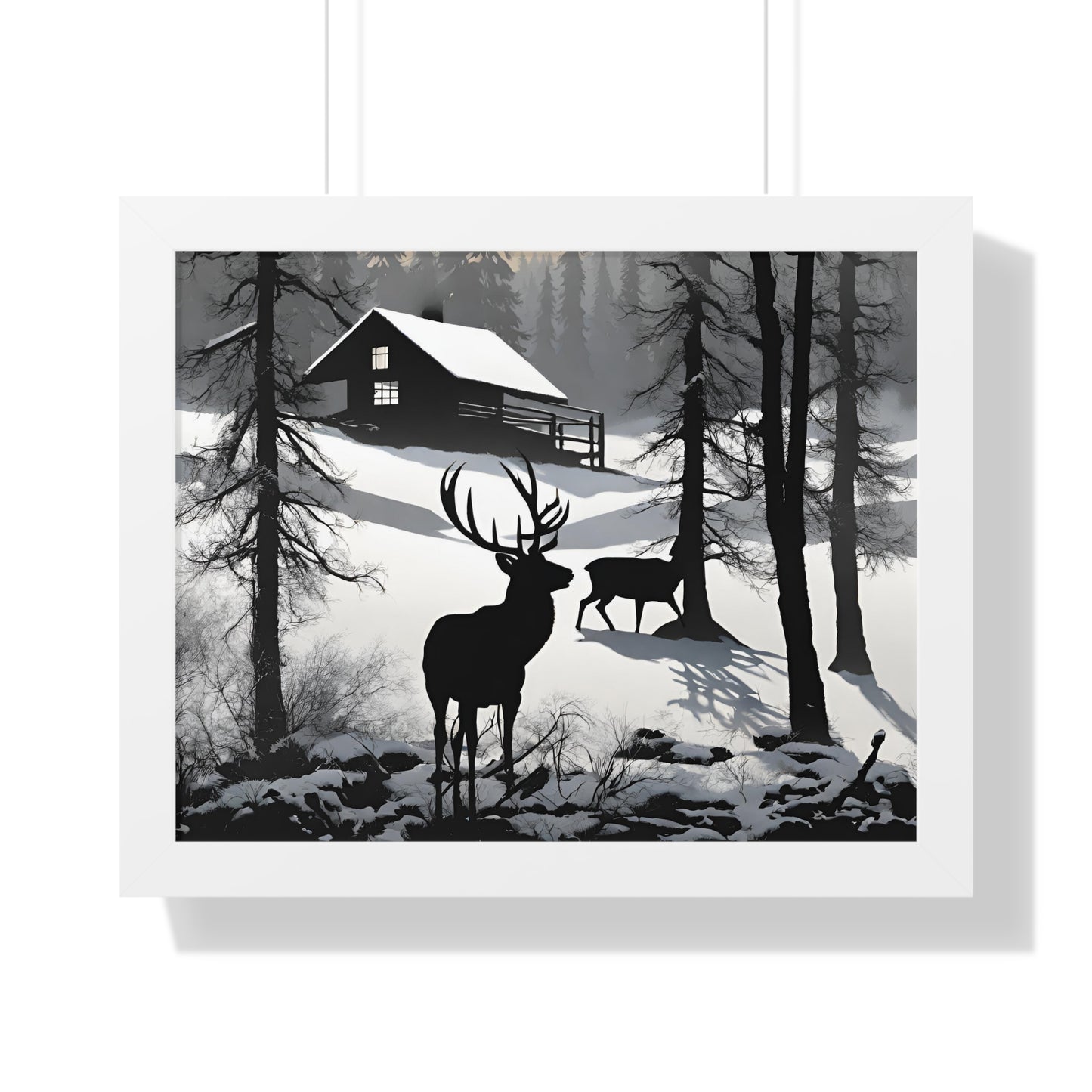 Animal Wall Art, Deer Hunter Picture, Buck Print, Hunting Cabin, Shadow Wall Hanging, Winter Snow Image, Living Room Poster, Framed Art