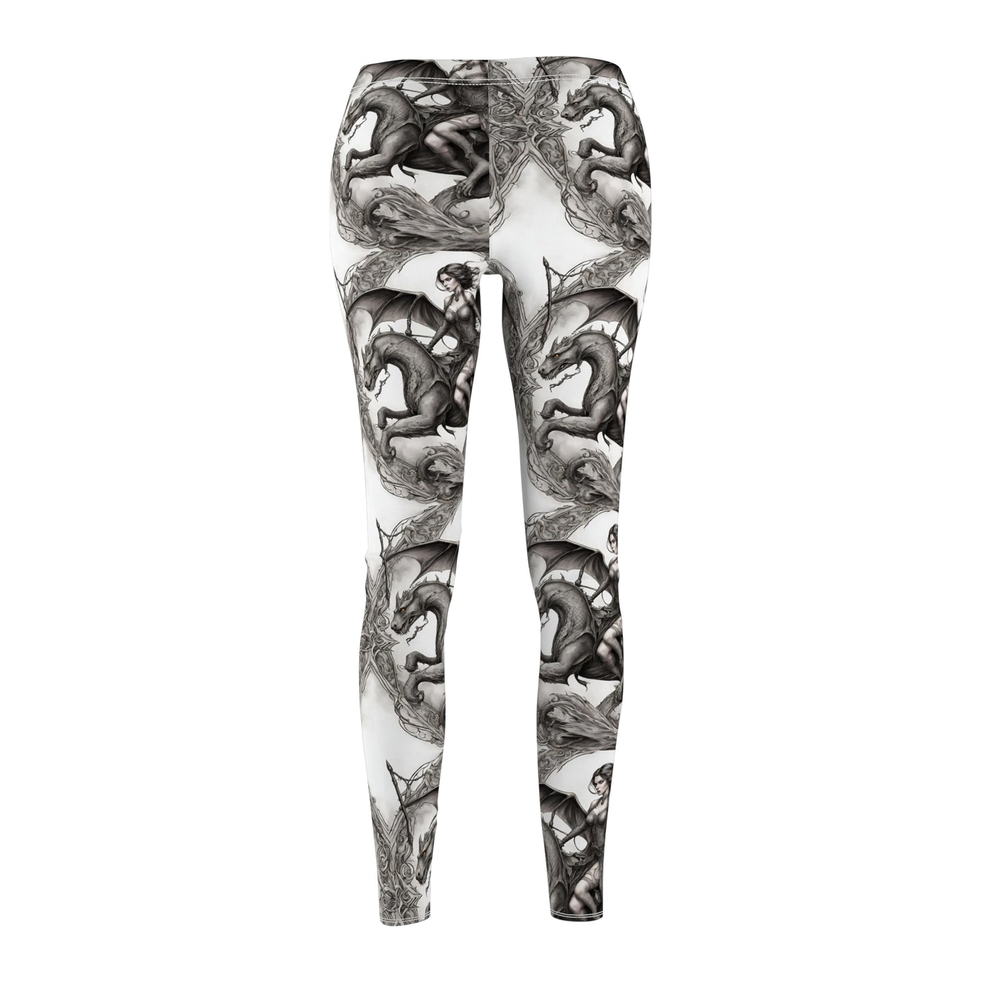 Women's Goth Medieval Dragon Casual Leggings, Shapeshifting Beauty Elastic Bottoms, Tight Black and White Pants