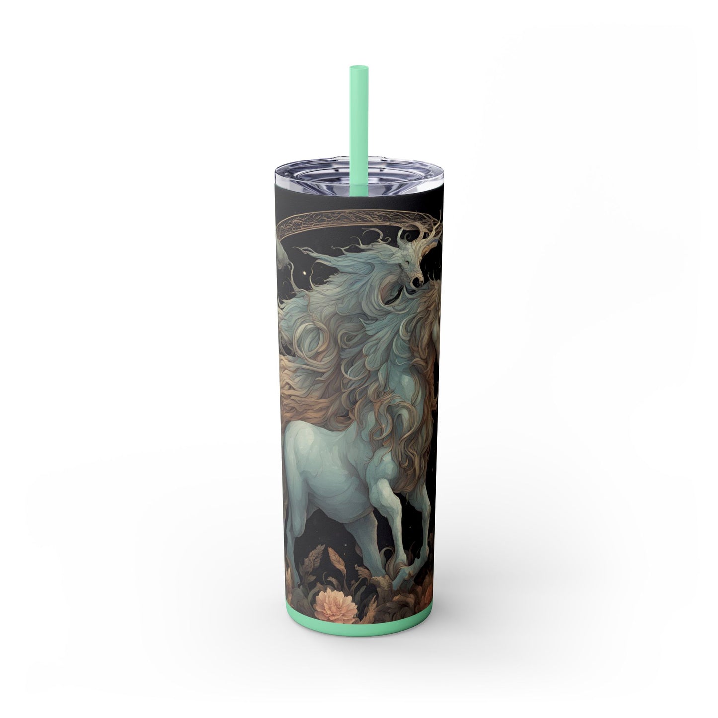 Majestic Myths Skinny Tumbler | Horned Goat Horse Drinking Cup | Floral Flower Night Sky Moon Fantasy Road Trip Exercise Traveler