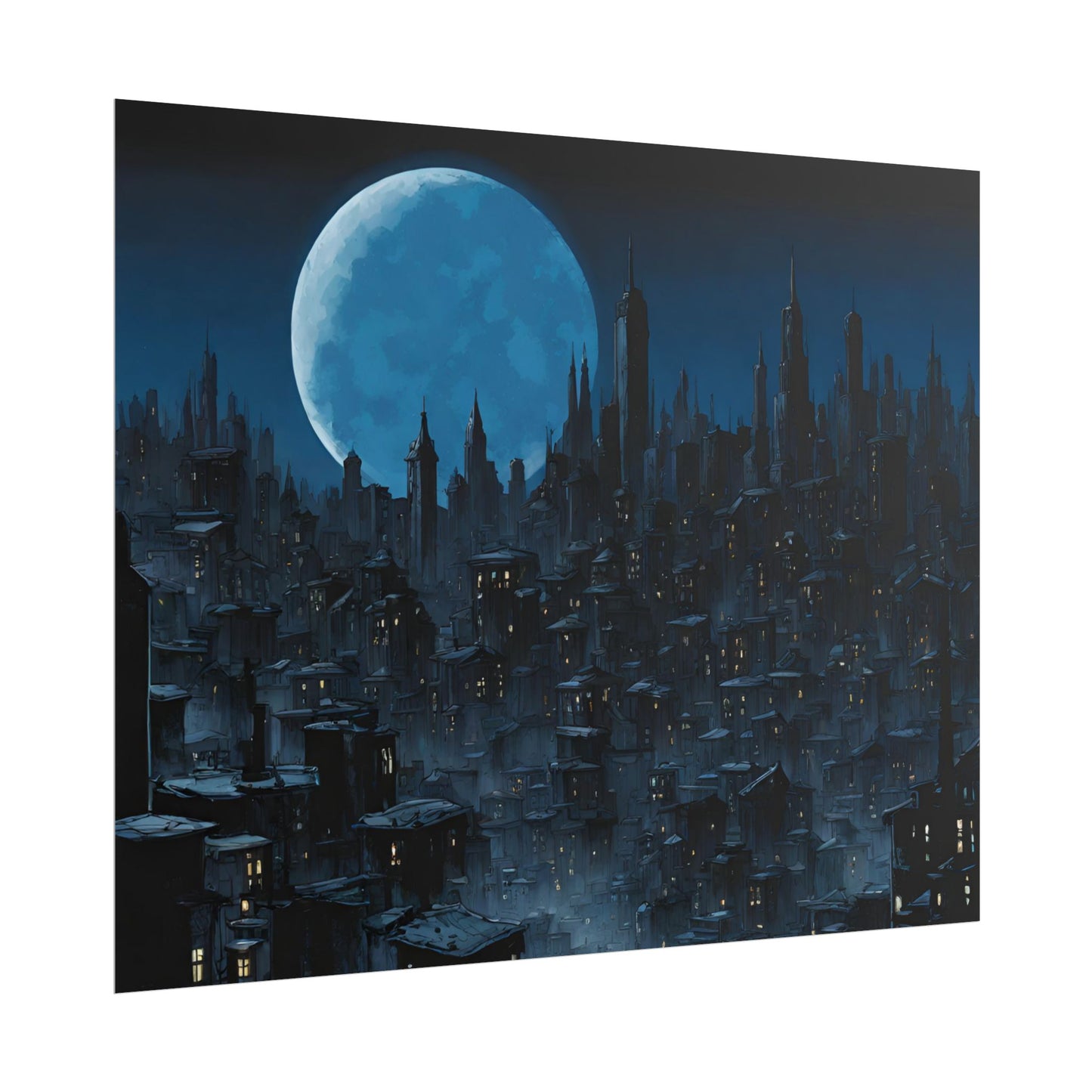 Wall Decor | Dark City Of The Night Poster | Blue Moon Darkness Falls Art | Gothic Lunar Moonlight Skyline | Living Room or Office Decor