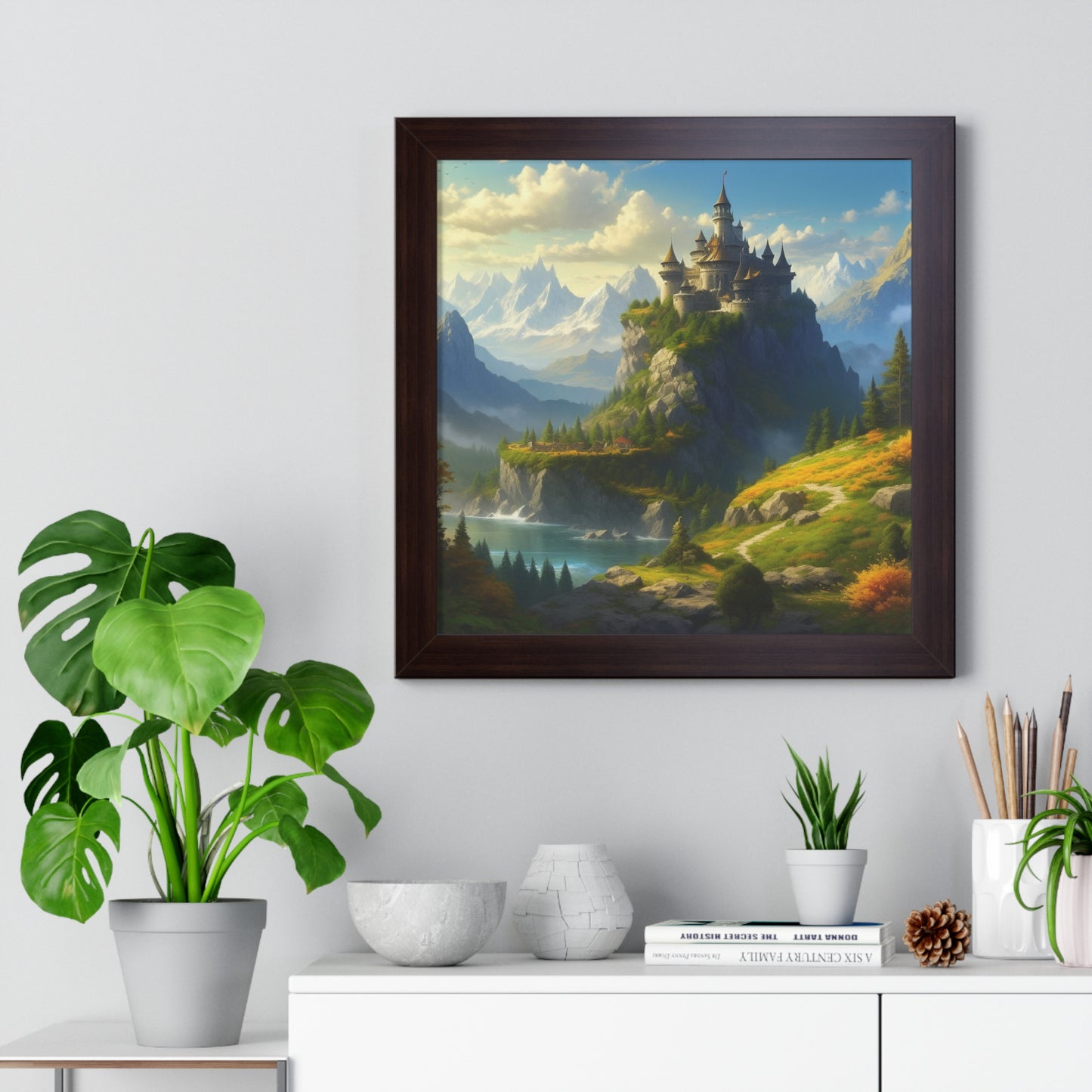Video Game Fantasy Castle, RPG Valley Framed Poster, Mountain Nature Scene Picture, Open World Style Wall Hanging, Gamer Office Scenery