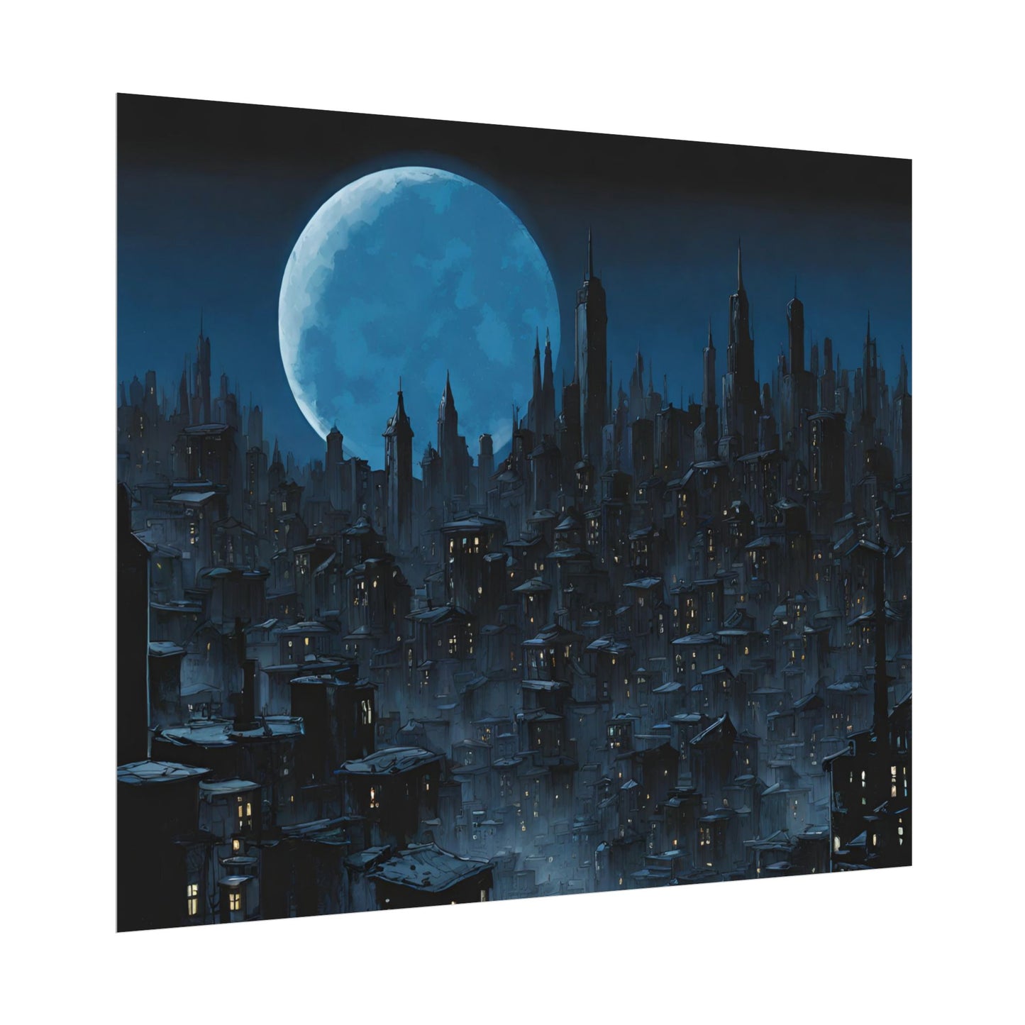 Wall Decor | Dark City Of The Night Poster | Blue Moon Darkness Falls Art | Gothic Lunar Moonlight Skyline | Living Room or Office Decor