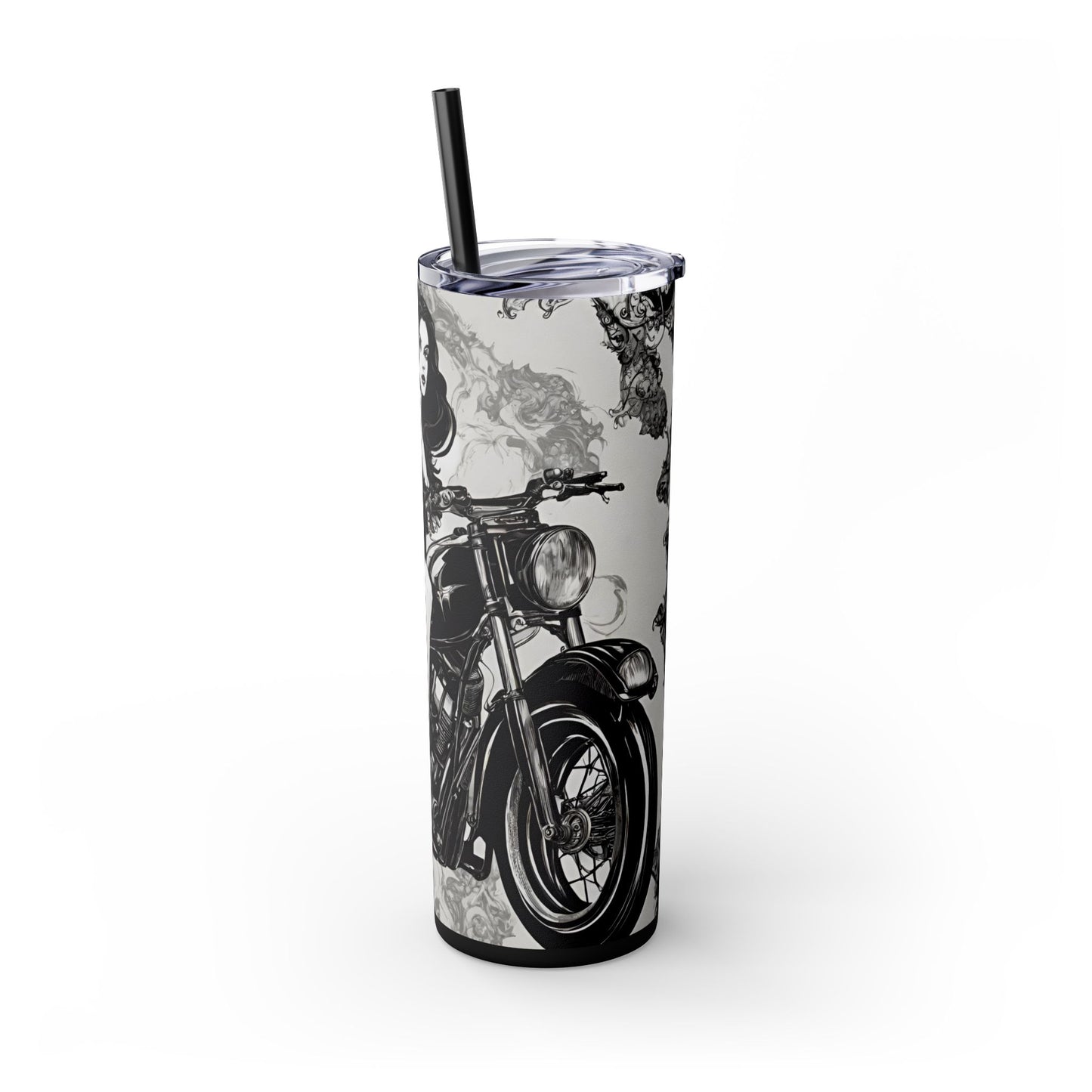 Gothic Beauty Biker Skinny Tumbler, Biker Babe Motorcycle Traveler, Leather Clad Hot or Cold Drinking Cup, Exercise Workout Beverage Holder