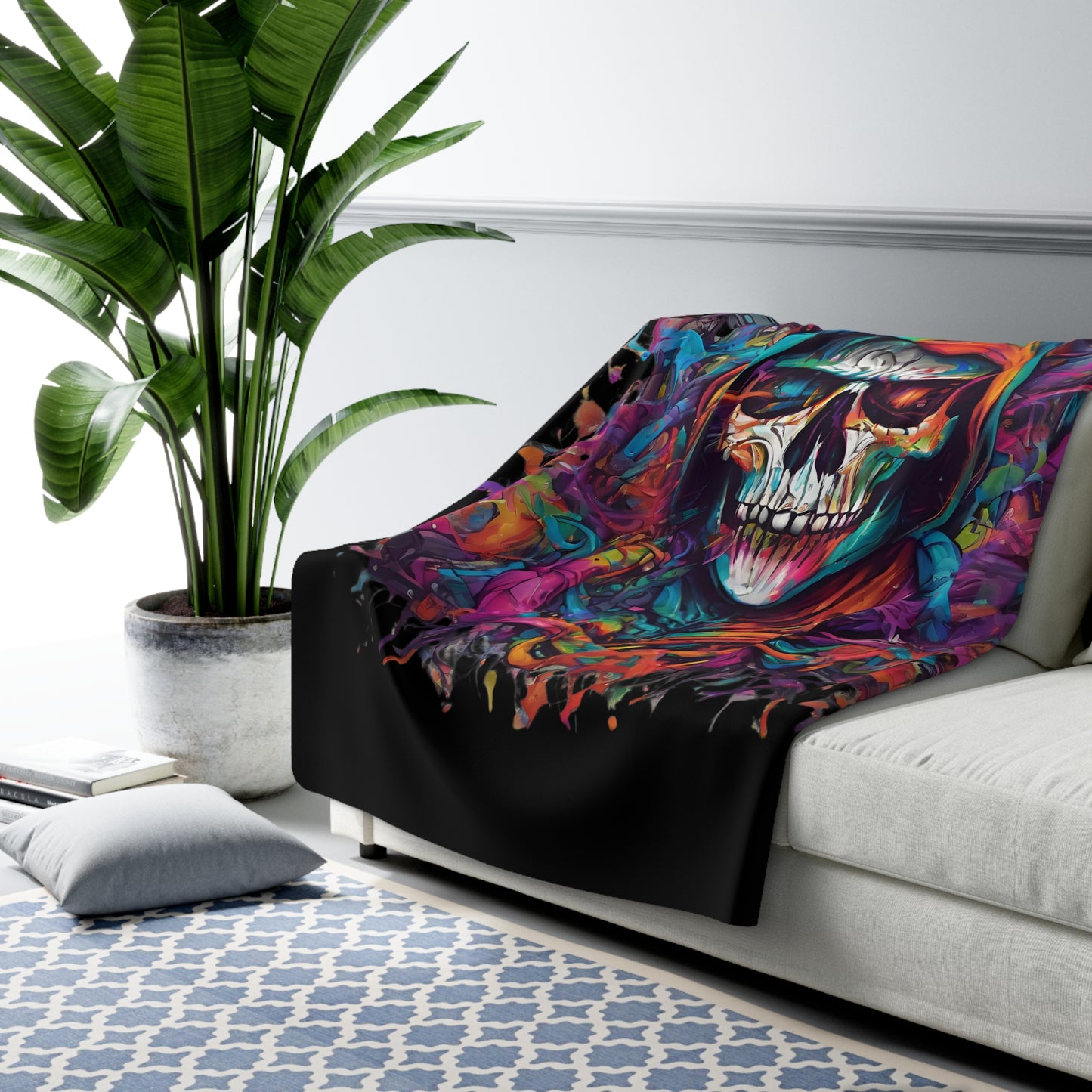 Abstract Art Blanket | Masters of the Universe Inspired Sherpa Fleece | Rainbow Psychedelic Skull Couch Throw | Evil Scareglow Skeletor Gift