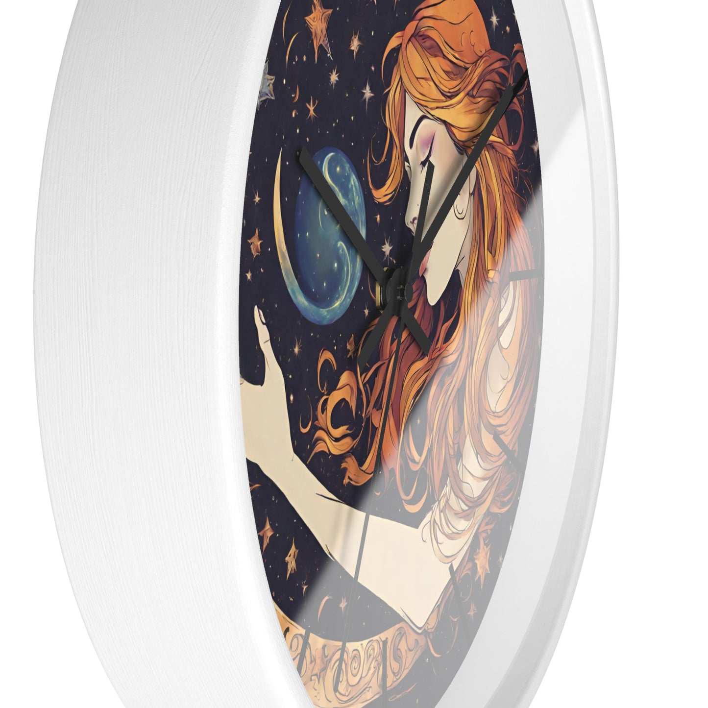 Moon Shaping Goddess Wall Art Clock | Lunar Stars & Space Astronomy Wall Hanging | Woman Morphing Home Office Solar System Wall Decor Gift