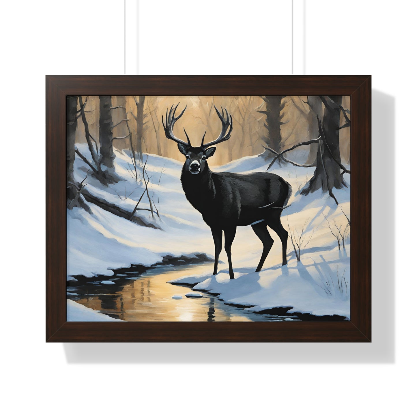 Animal Wall Art, Deer Hunter Picture, Big Buck Print, Woods, Creek, Shadow Wall Hanging, Sunset Snow Image, Living Room Poster, Framed Art