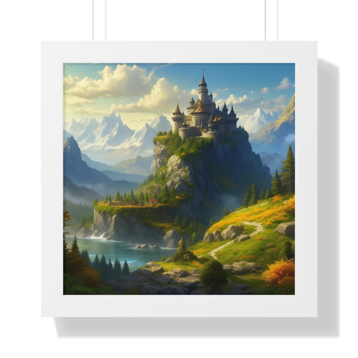 Video Game Fantasy Castle, RPG Valley Framed Poster, Mountain Nature Scene Picture, Open World Style Wall Hanging, Gamer Office Scenery