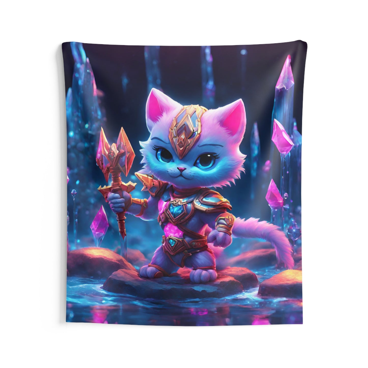Warrior Cat Crystal Cavern Tapestry, White Armored Kitten Golden Weapon Wall Hanging, Pink Rock Mystical Cave River Graphic Tapestry