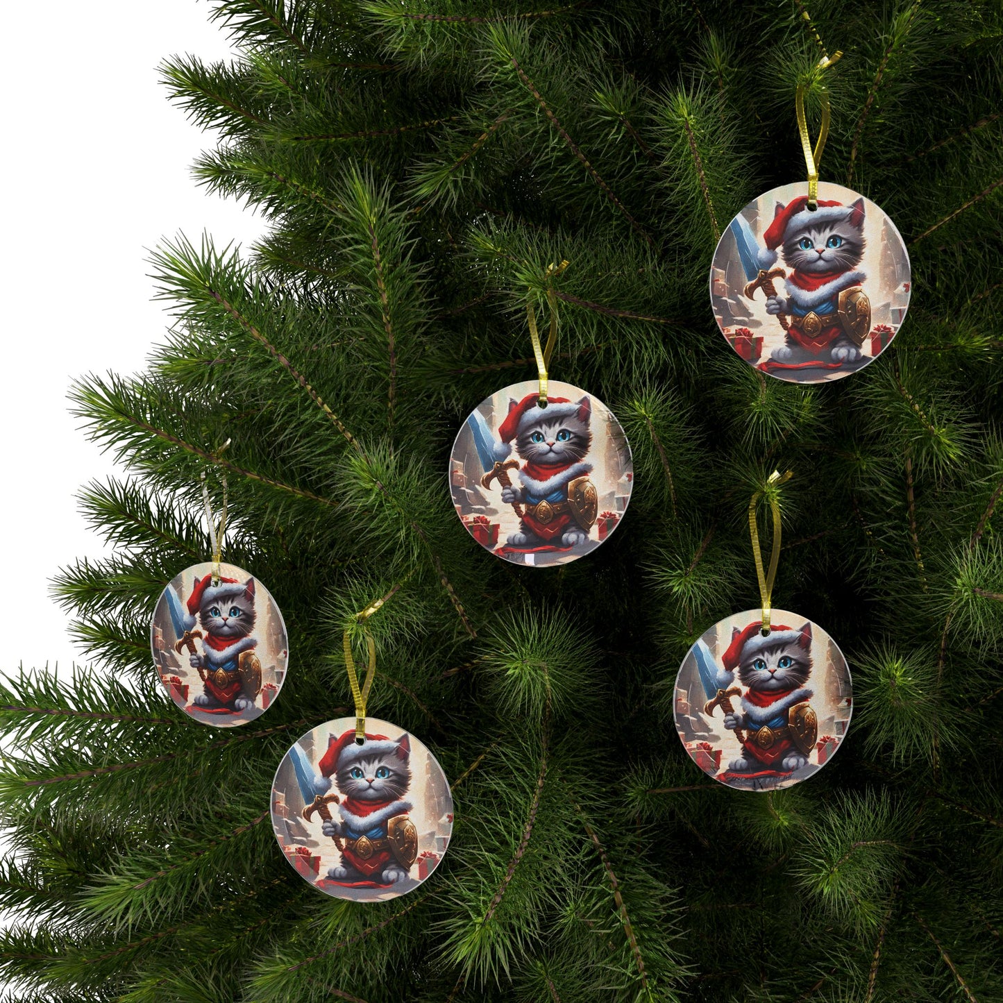 Kitten Christmas Ornament, Holiday Tree Decoration, Adorable Cat Gift, Round Glass Keepsake, KITTEN WARRIOR