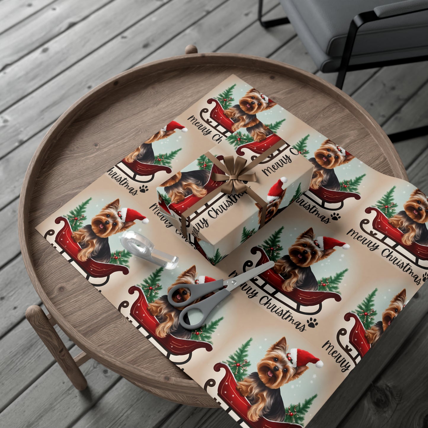 Dog Christmas Wrapping Paper, Yorkshire Terrier Sled Xmas Wrap, Santa Hat Yorkie Gift Wrap, Holiday Gift Wrap Roll