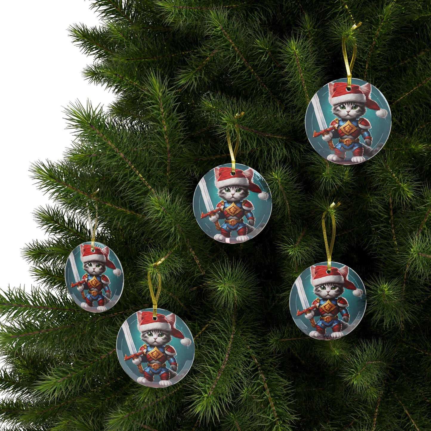 Kitten Christmas Ornament, Holiday Tree Decoration, Adorable Cat Gift, Round Glass Keepsake, KITTEN WARRIOR