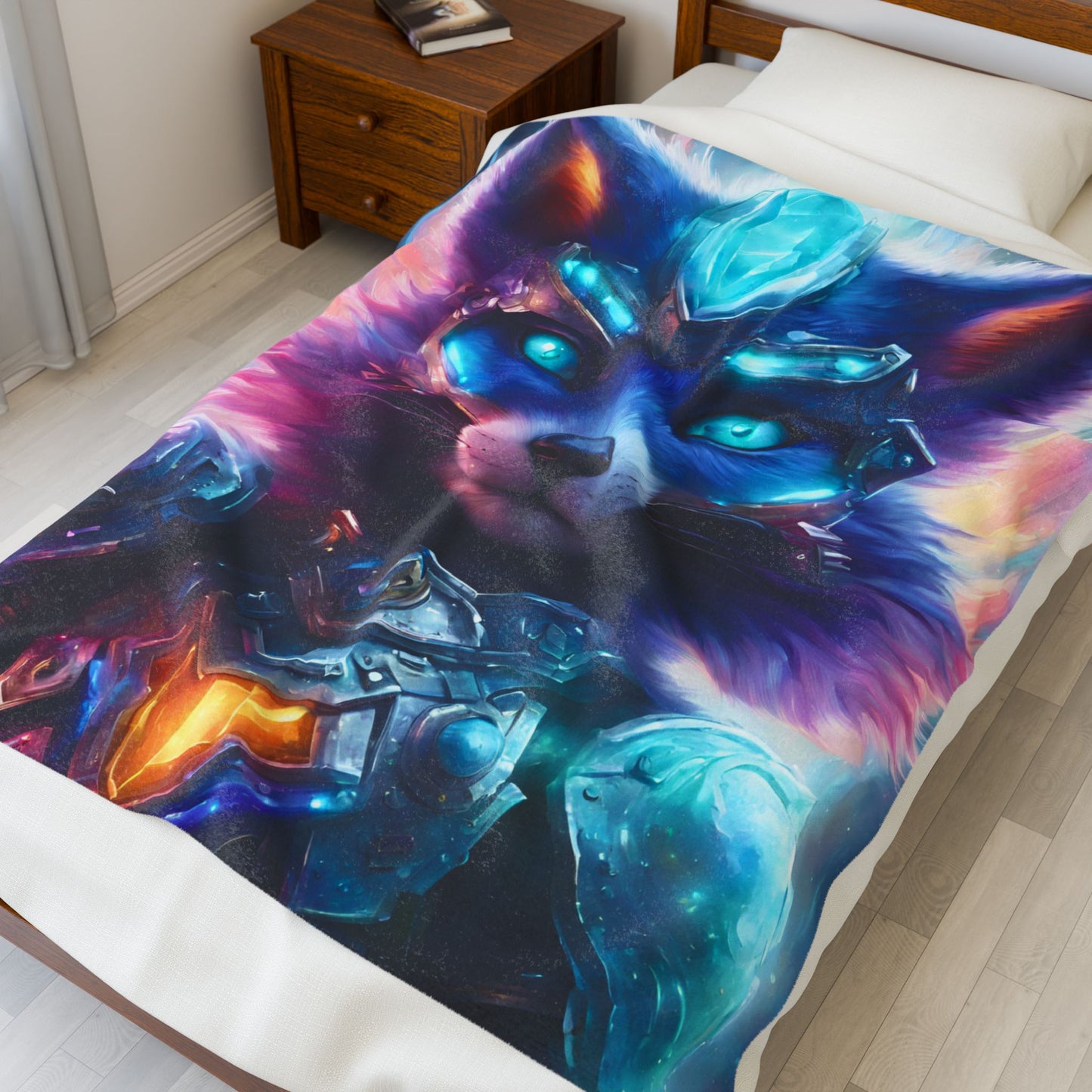 Warrior Fox Blanket, Cybernetic Armored Plush Throw Blanket, Neon Violet Crystal Guardian, Kids Adults Bed Couch Throw Cover
